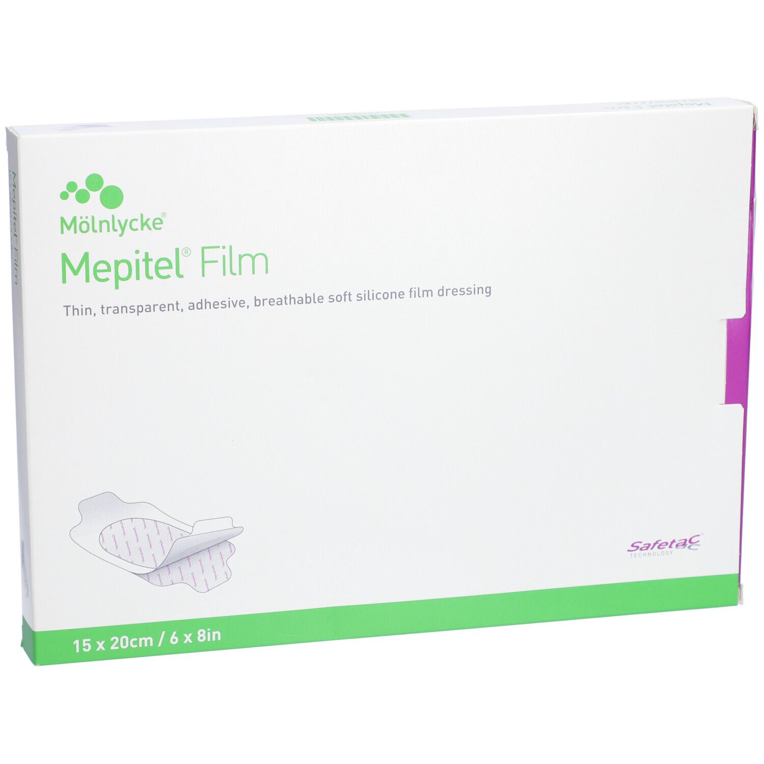 Mepitel® Film verpakking. Wit, groen en paars. Productnaam en afmeting 15 x 20 cm/6 x 8in.