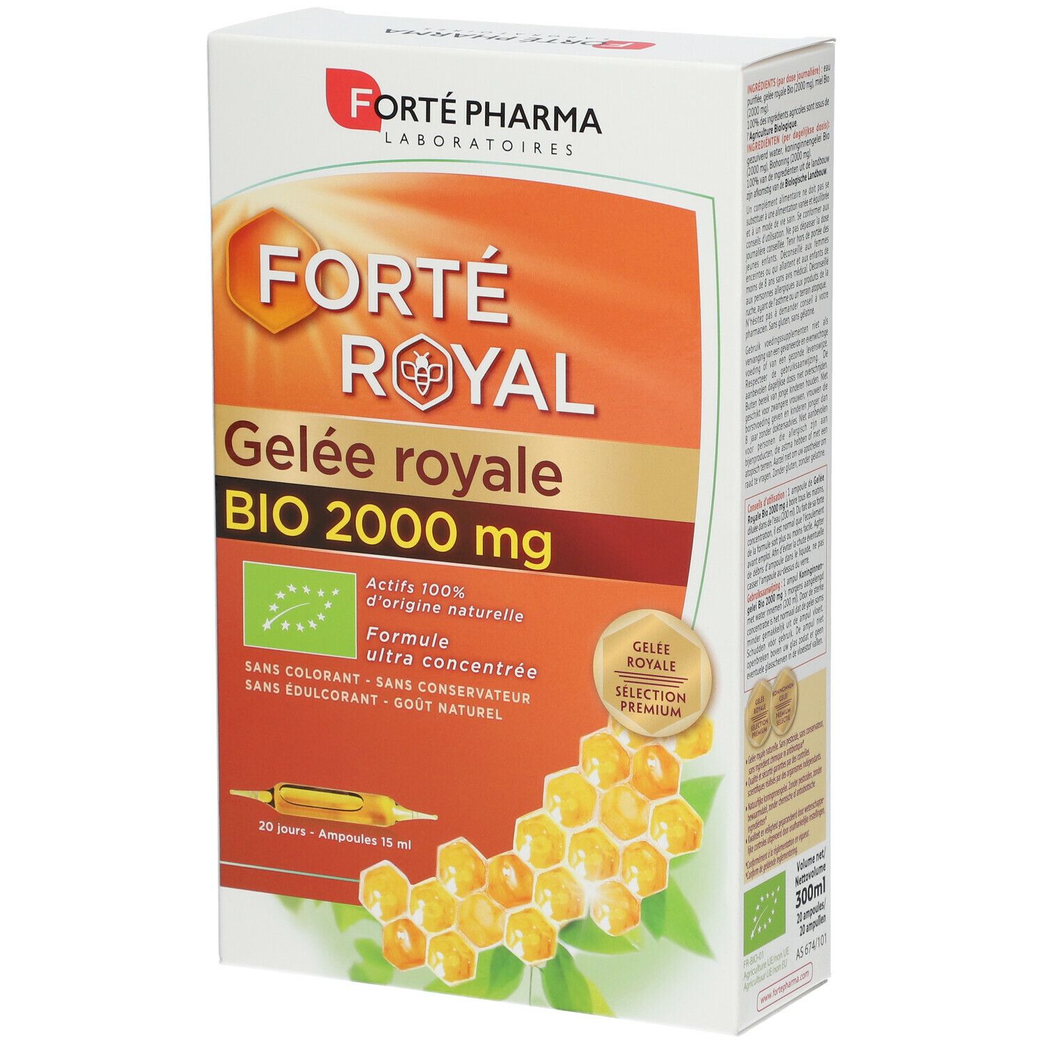 Boîte de produit avec logo et nom. Contient 30 ampoules. Certification BIO et informations produit.