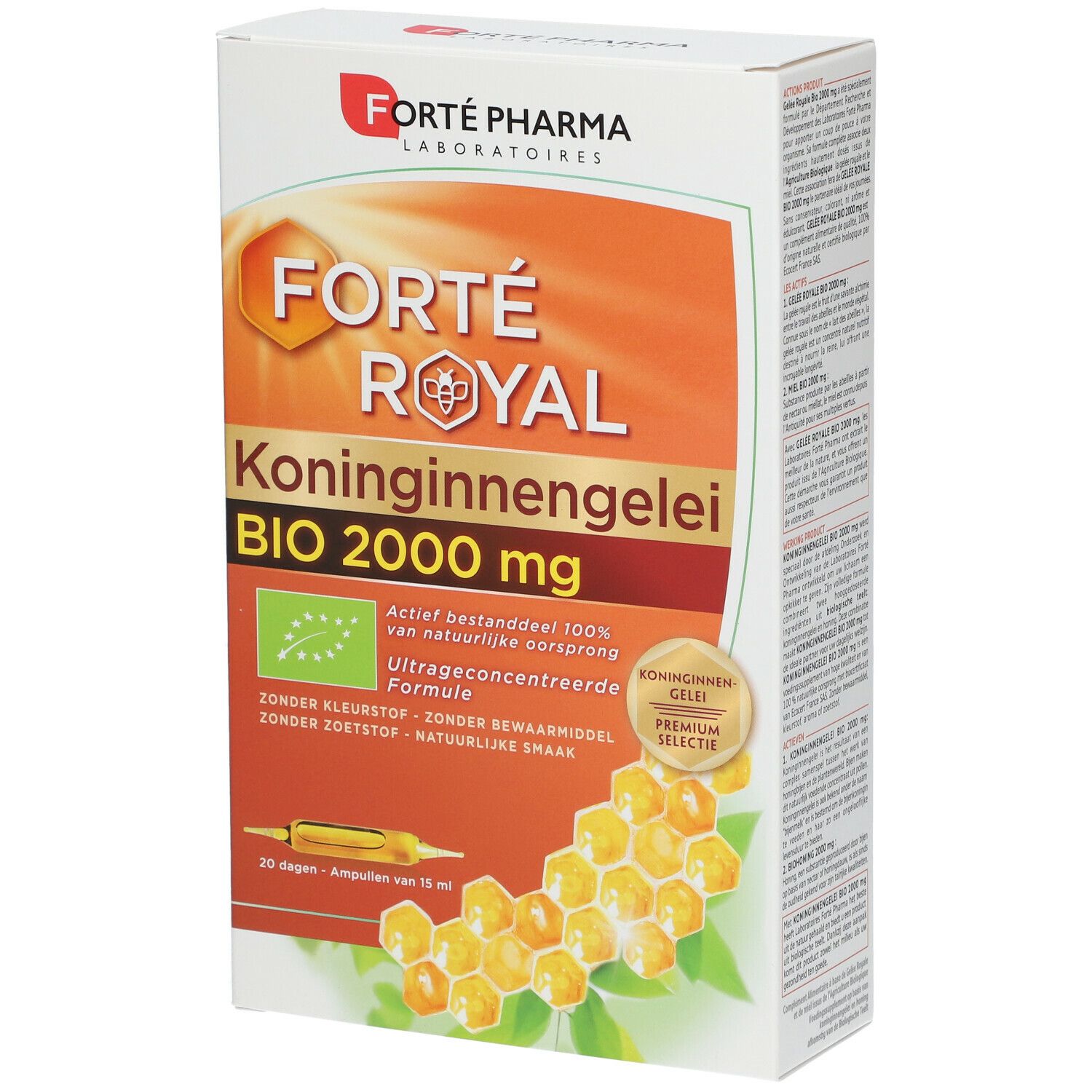 Boîte de produit avec logo et nom. Contient 20 ampoules. Certification BIO et informations produit.