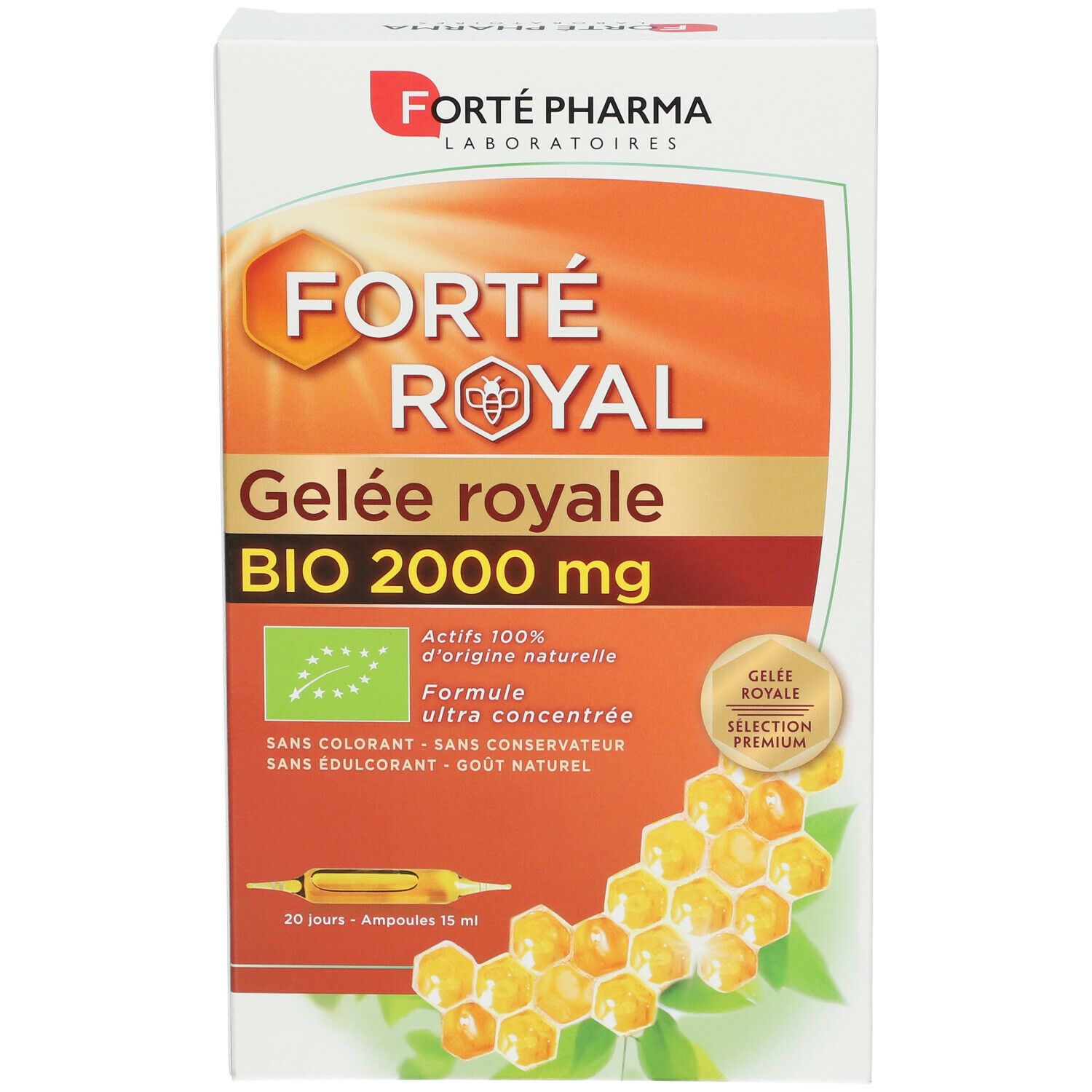Boîte de produit avec logo et nom. Contient 20 ampoules. Certification BIO et informations produit.