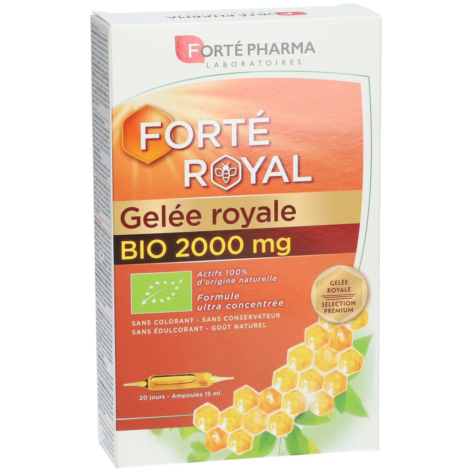 Boîte de produit avec logo et nom. Contient 20 ampoules. Certification BIO et informations produit.