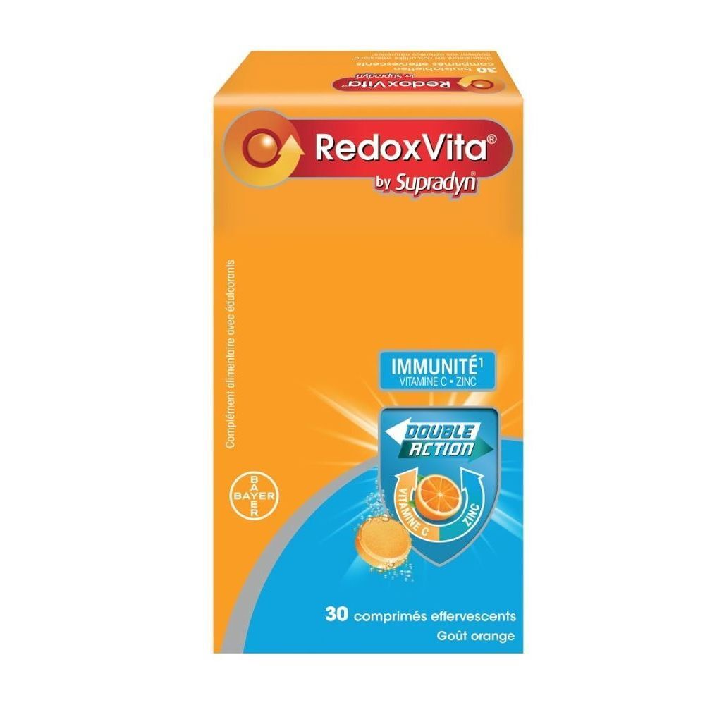 Boîte orange RedoxVita by Supradyn. Double action, 30 comprimés effervescents. Goût orange.