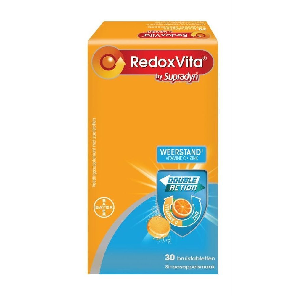 Oranje doos RedoxVita by Supradyn. Dubbele werking, 30 bruistabletten. Sinaasappelsmaak.