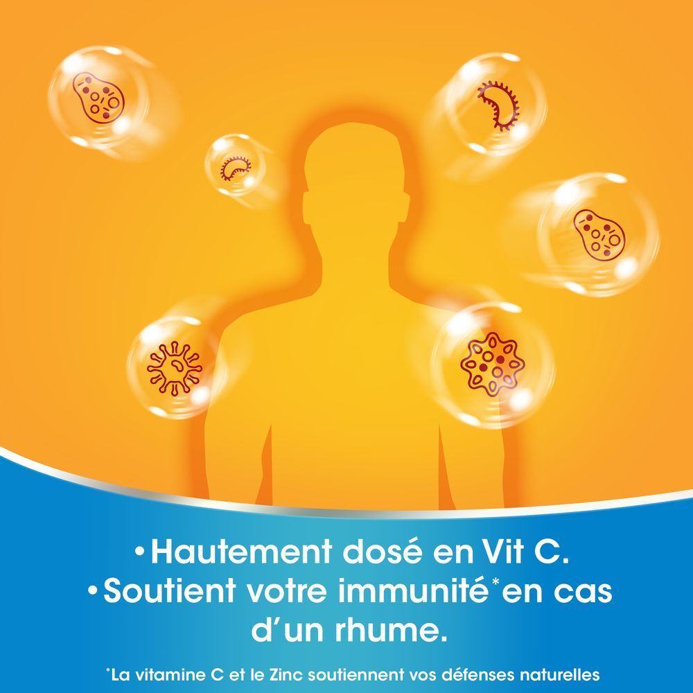 Silhouette humaine avec virus en bulles. Texte: Hautement dosé en Vit C. Soutient l'immunité.