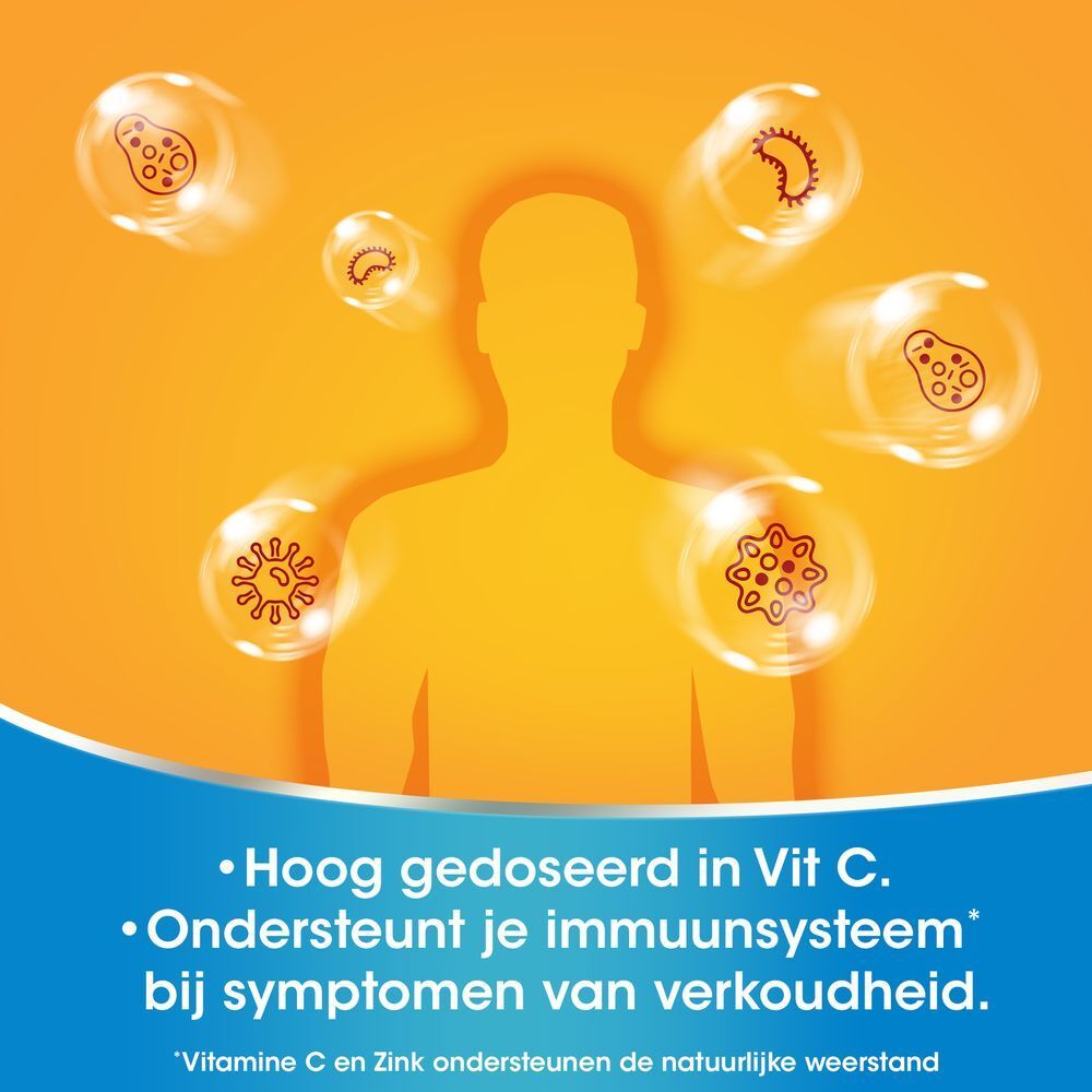 Menselijk silhouet met virussen in bellen. Tekst: Hoog gedoseerd in Vit C. Ondersteunt immuunsysteem.