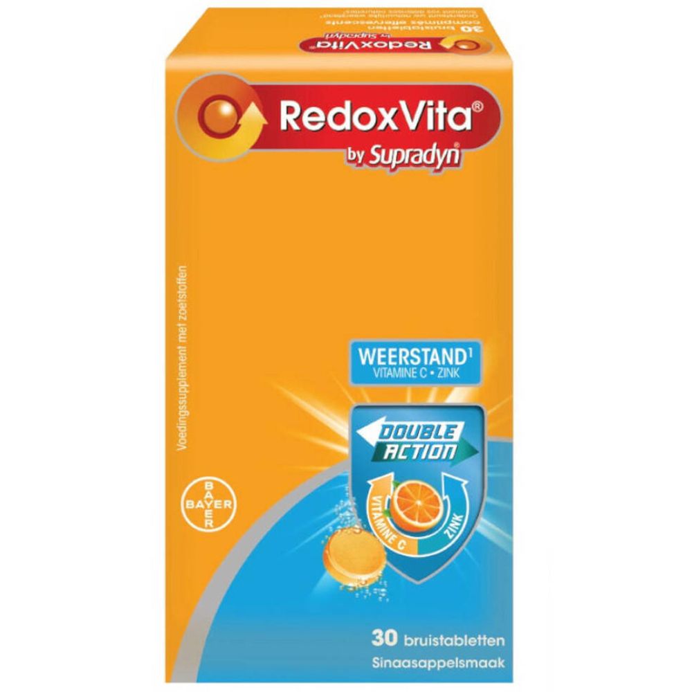 Boîte orange RedoxVita by Supradyn. Double action, 30 comprimés effervescents. Goût orange.