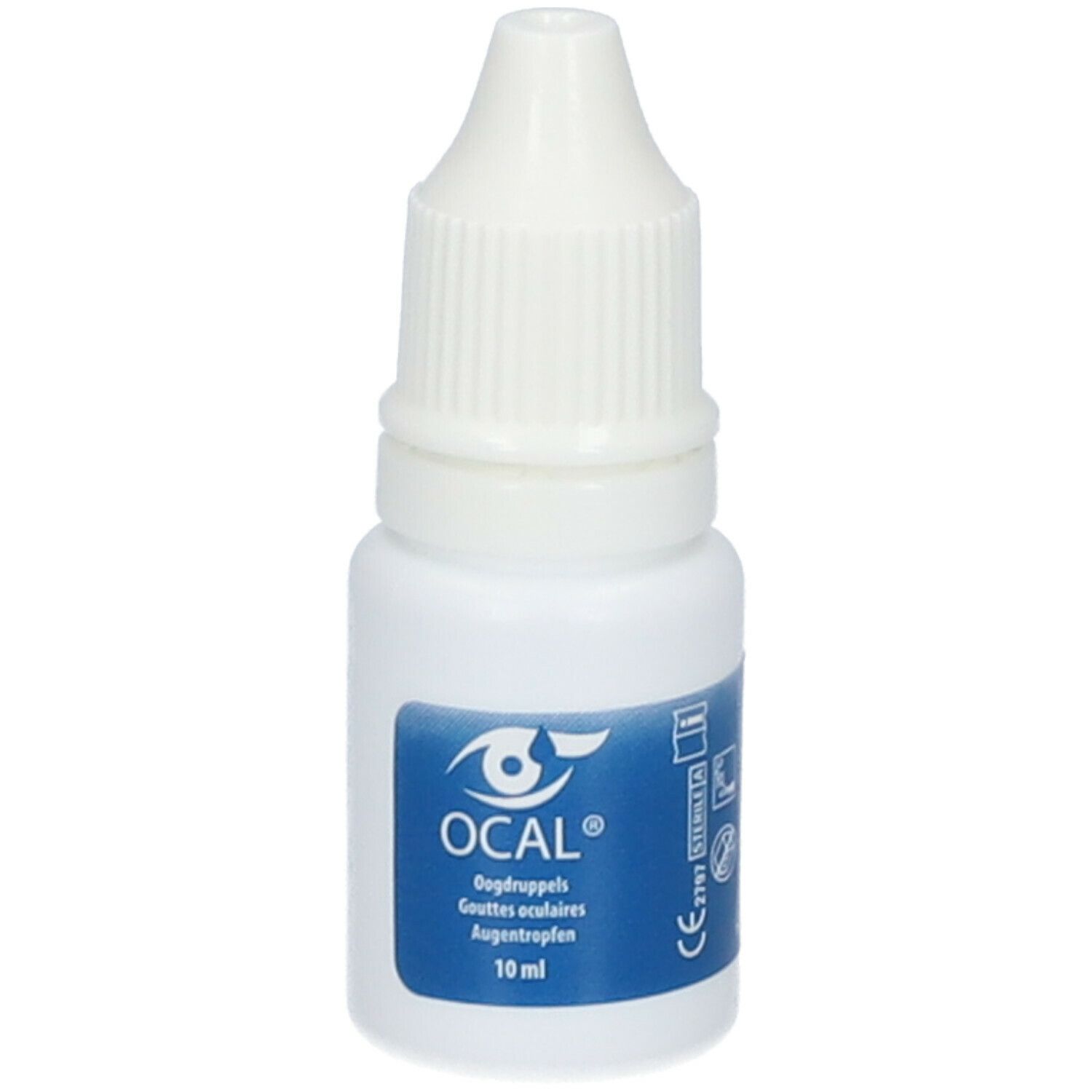 Flacon blanc de gouttes ophtalmiques avec bouchon à vis. Étiquette avec nom du produit et texte multilingue. 10 ml.