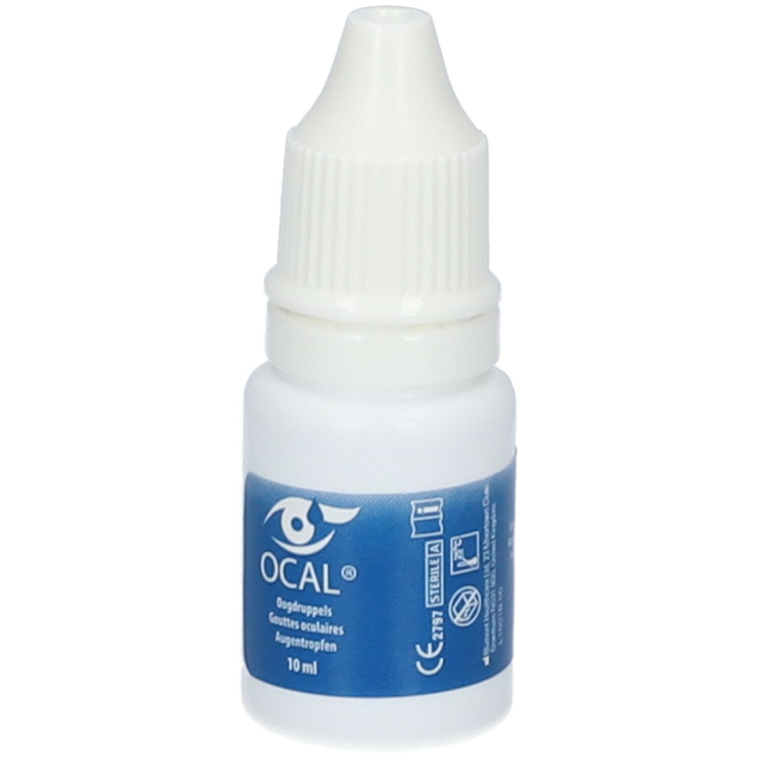 Flacon blanc de gouttes ophtalmiques avec bouchon à vis. Étiquette avec nom du produit et texte multilingue. 10 ml.