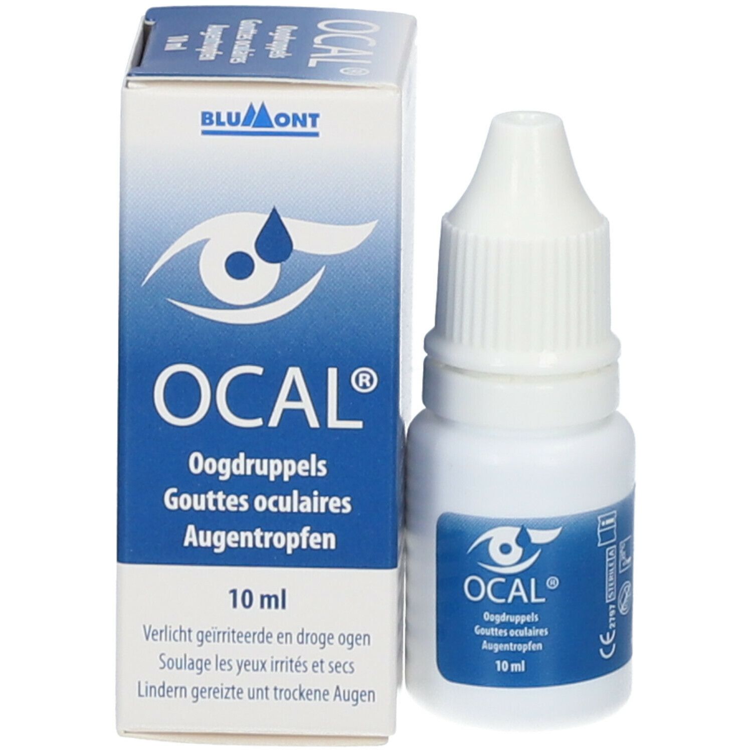 Flacon et boîte de gouttes ophtalmiques. Flacon avec nom du produit et texte. Boîte avec logo et nom du produit.