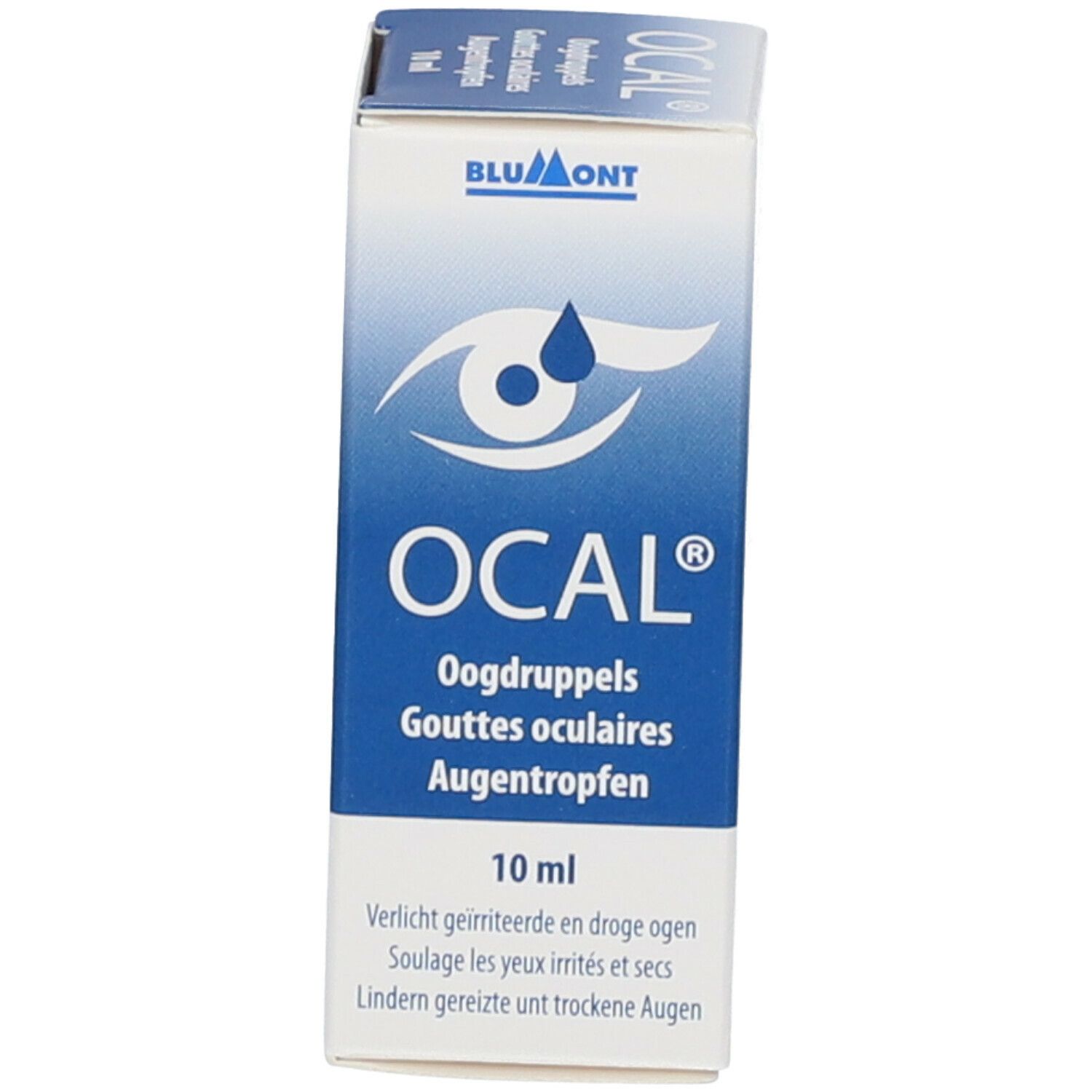 Boîte de gouttes ophtalmiques. Logo et nom du produit sur le devant. Texte multilingue. 10 ml.
