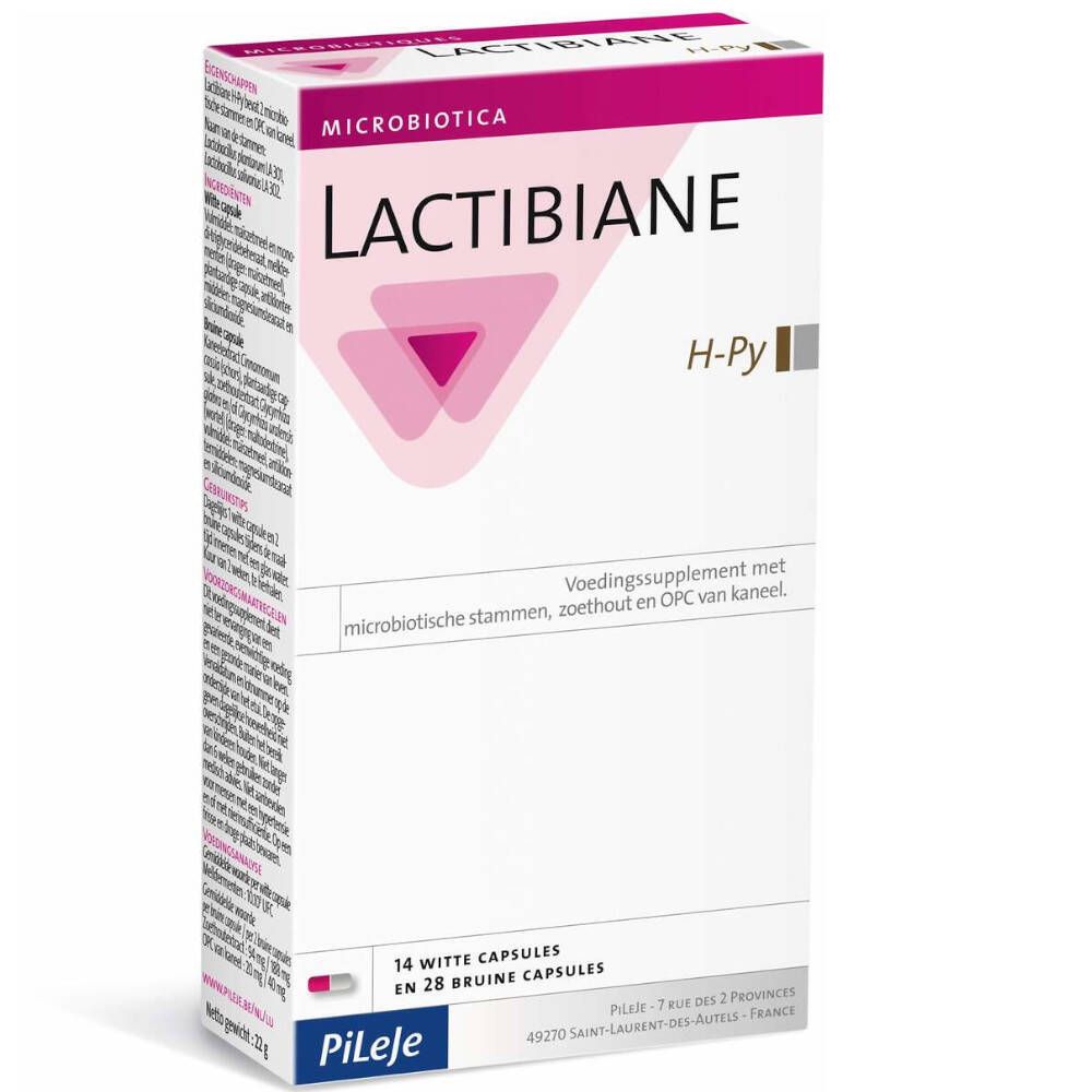 Boîte Lactibiane H-Py. Contient 14 gélules blanches et 28 brunes. Inscription 'Pileje'.