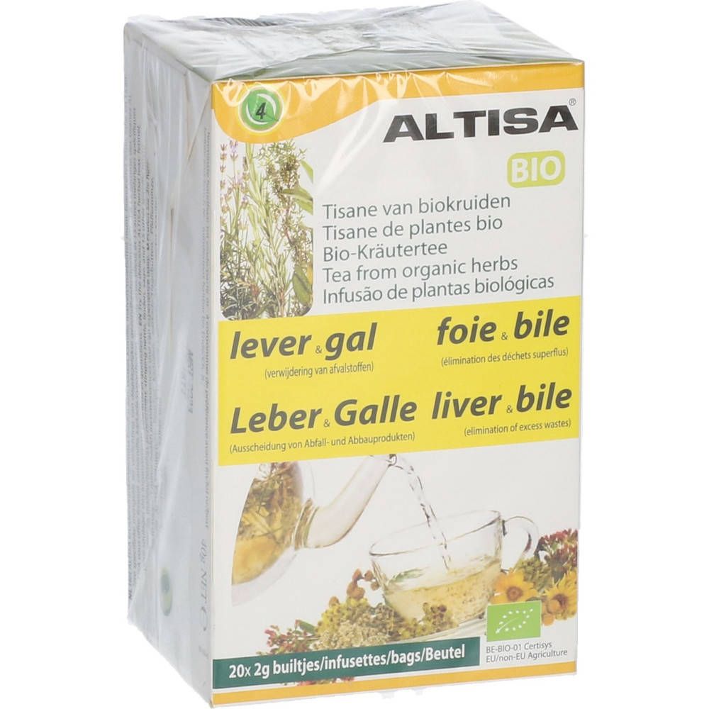 Emballage de Altisa Thee Lever Gal Bio. 20 sachets de thé. Certification biologique. Étiquetage multilingue.