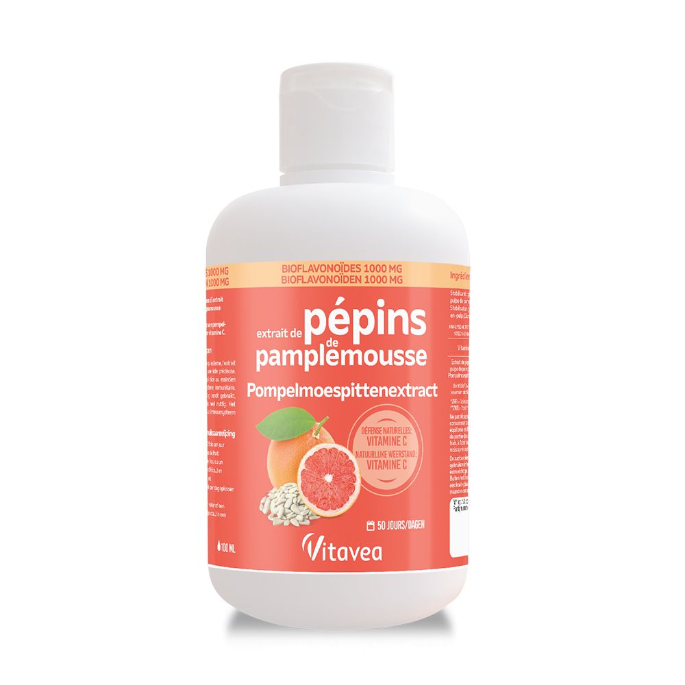 Flacon blanc avec étiquette rouge. Inscription: Pépins de pamplemousse, vitamine C. Marque: Vitae. 50 jours/doses.
