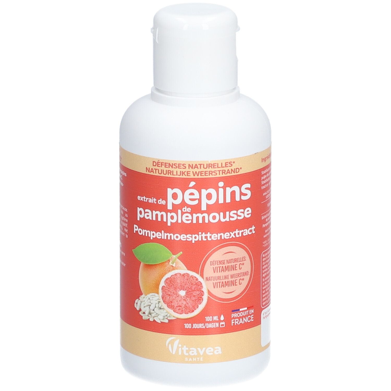 Flacon blanc avec étiquette rouge. Inscription: Pépins de pamplemousse, vitamine C. Marque: Vitae. Produit de France.