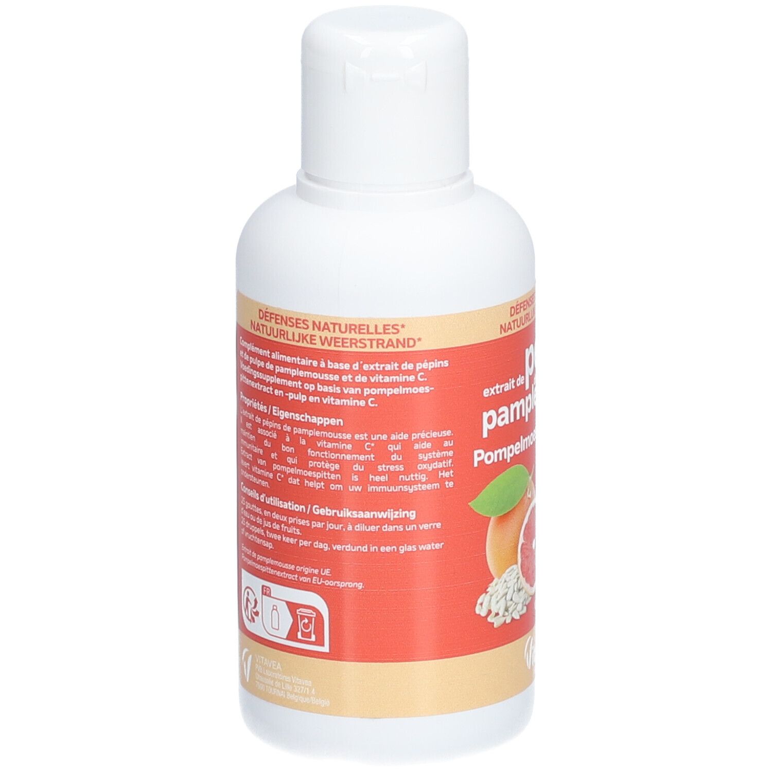 Flacon blanc avec étiquette rouge. Texte: Pépins de pamplemousse, vitamine C. Détails des ingrédients et de l'utilisation. Marque: Vitae.