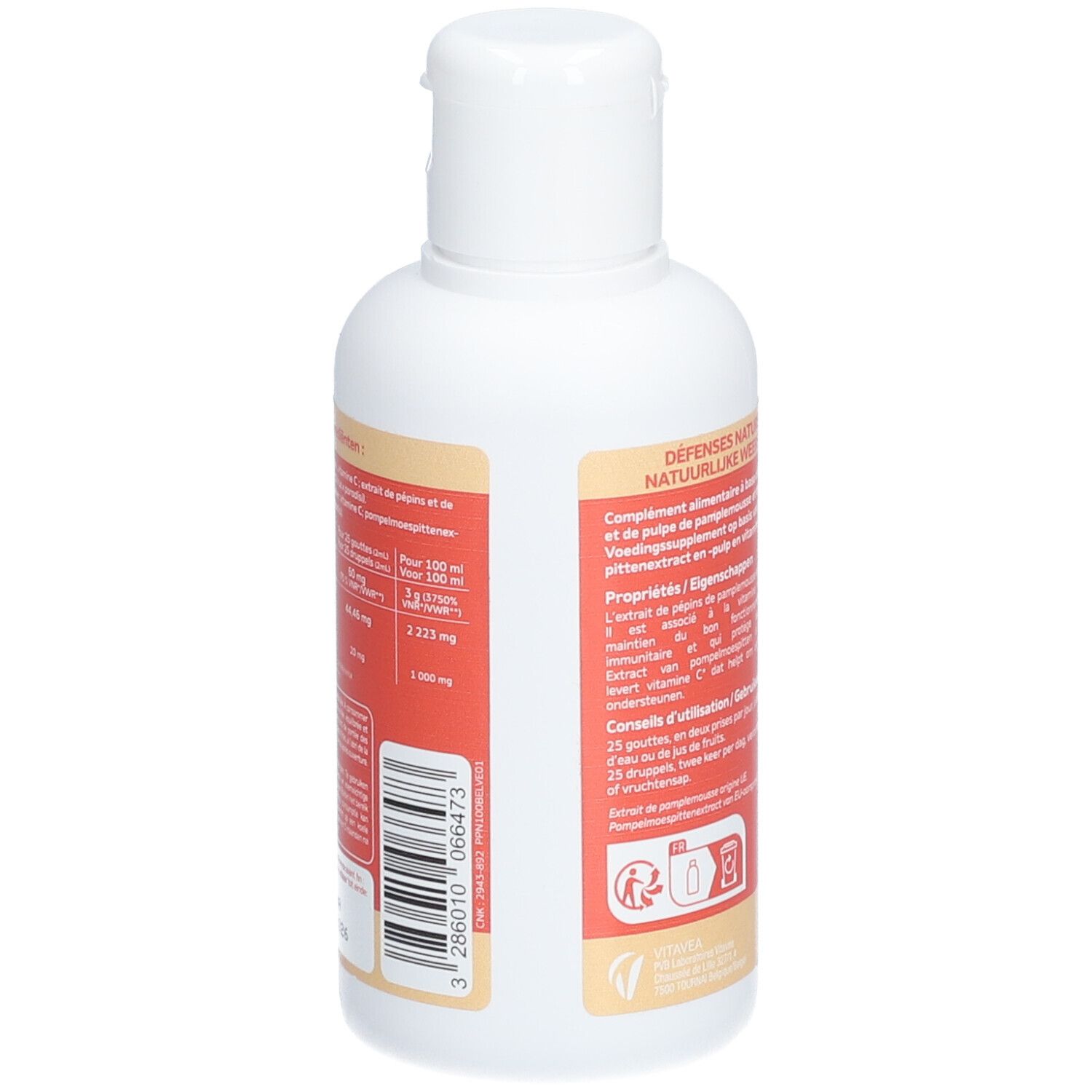 Flacon blanc avec étiquette rouge. Texte: Pépins de pamplemousse, vitamine C. Informations sur les ingrédients et le dosage. Marque: Vitae.