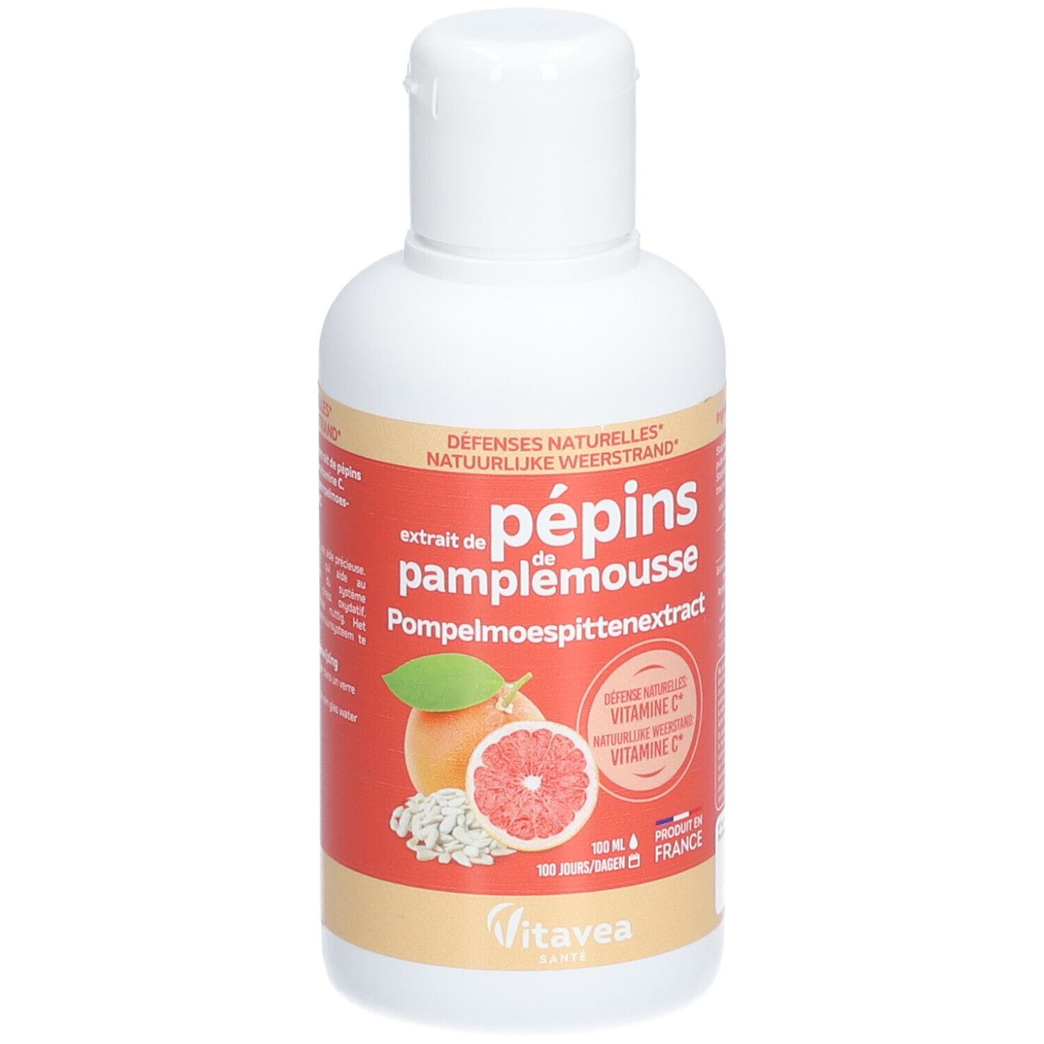 Flacon blanc avec étiquette rouge. Inscription: Pépins de pamplemousse, vitamine C. Marque: Vitae. Produit de France.