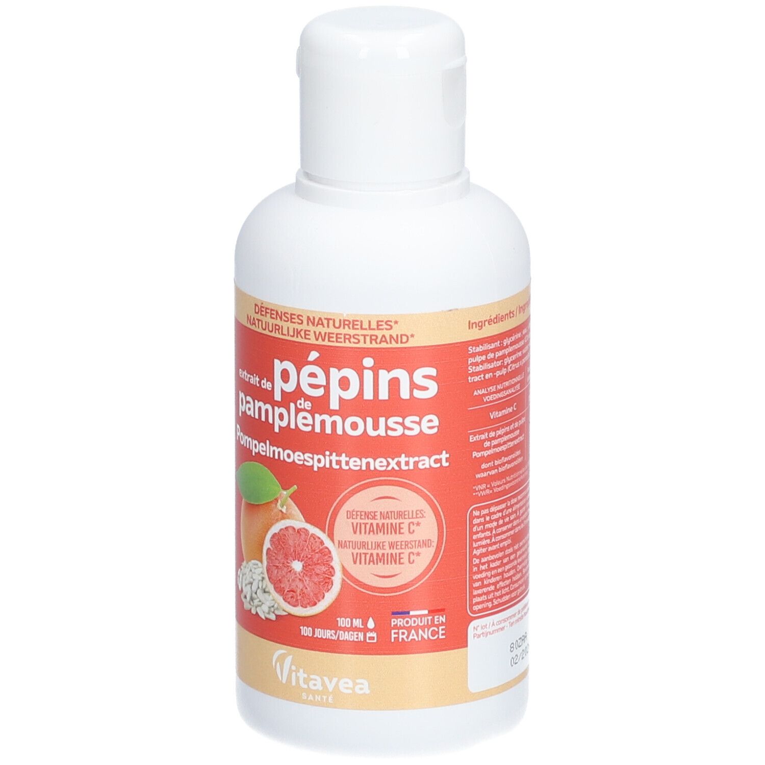 Flacon blanc avec étiquette rouge. Inscription: Pépins de pamplemousse, vitamine C. Marque: Vitae. Produit de France.
