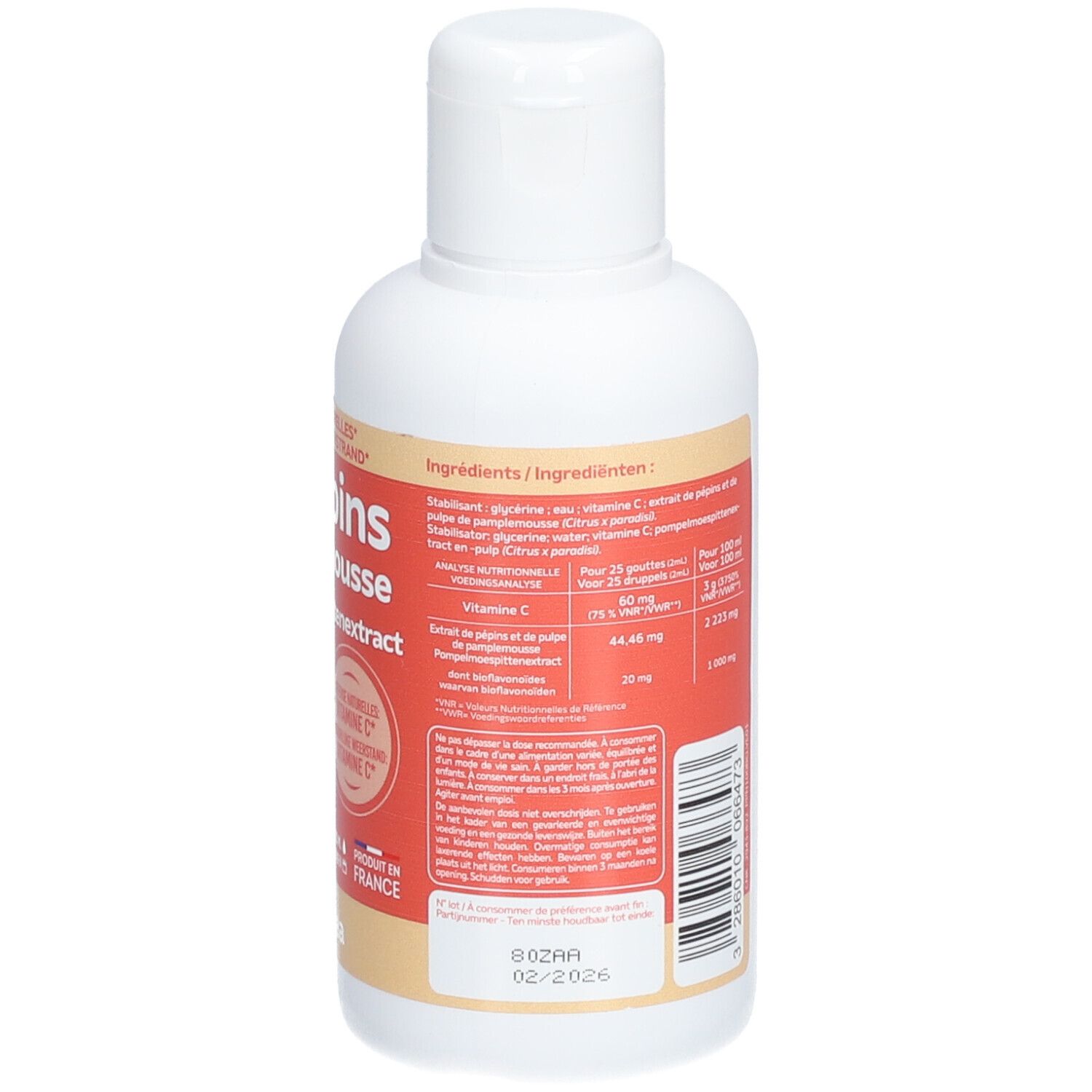 Flacon blanc avec étiquette rouge. Ingrédients et informations nutritionnelles. Inscription: Pépins de pamplemousse, vitamine C. Marque: Vitae.