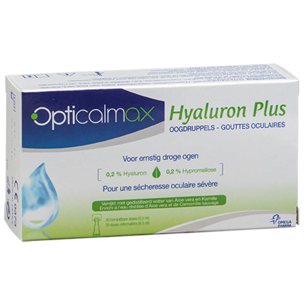 Confezione di gocce oculari Opticalmax Hyaluron Plus. Contiene 20 dosi singole. Scritta: 0,2% Ialuron, 0,2% Ipromellosa.