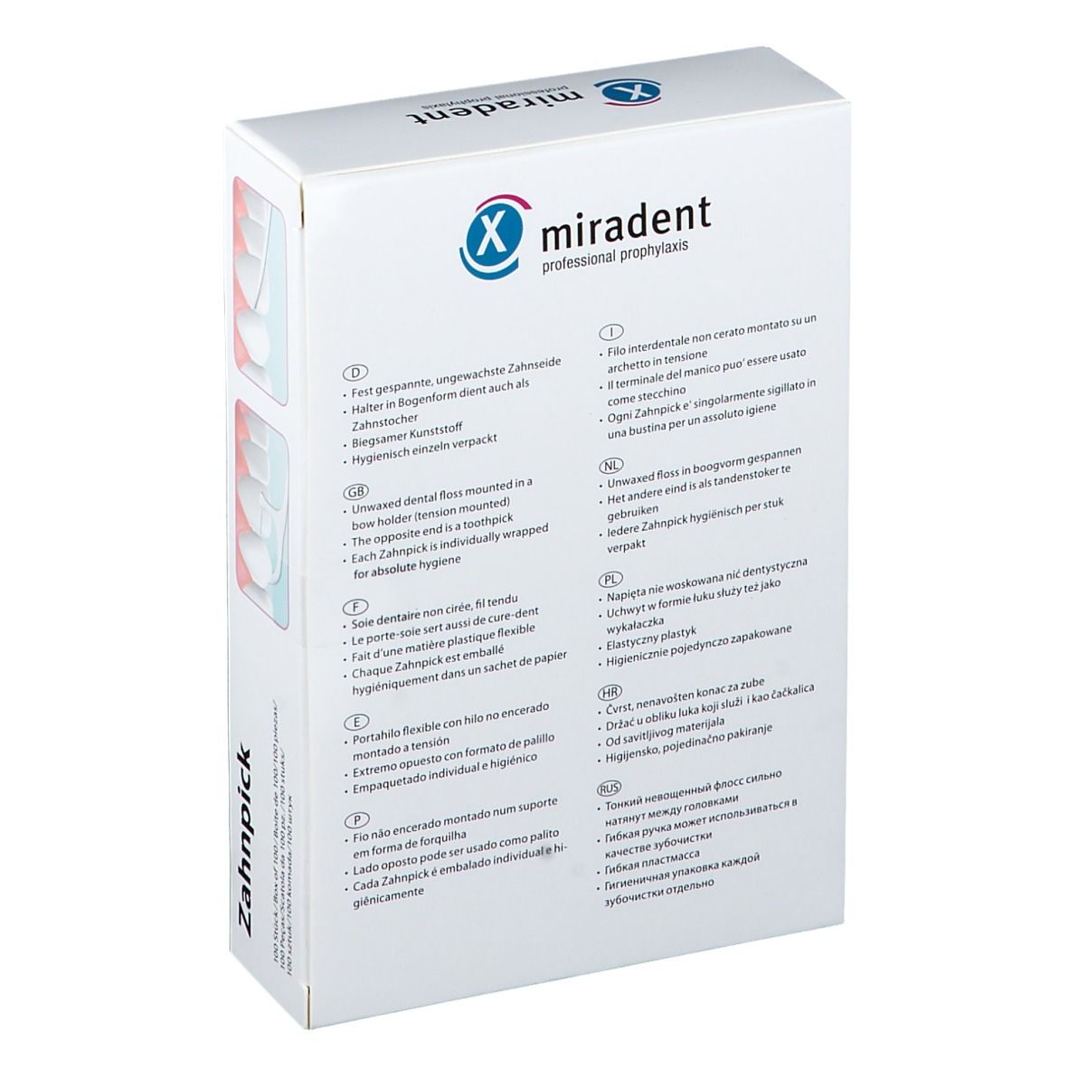 Rückseite der miradent Zahnpick Schachtel. Mehrsprachige Produktinformationen.