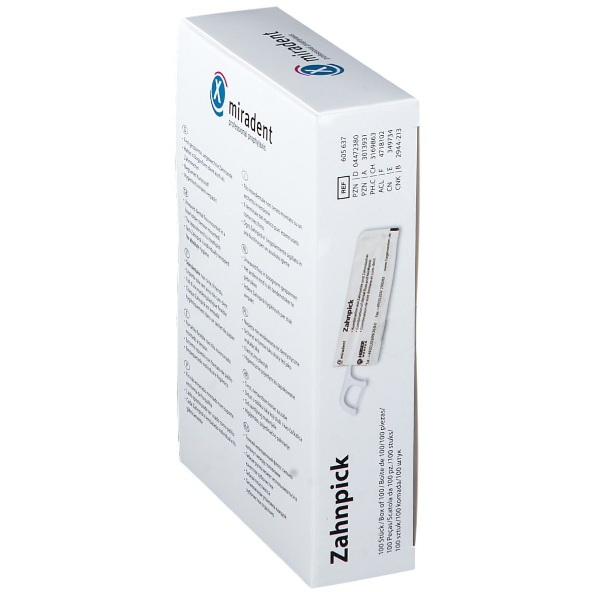 Schachtel miradent Zahnpick, schräg. Produktinformationen und Chargennummer.