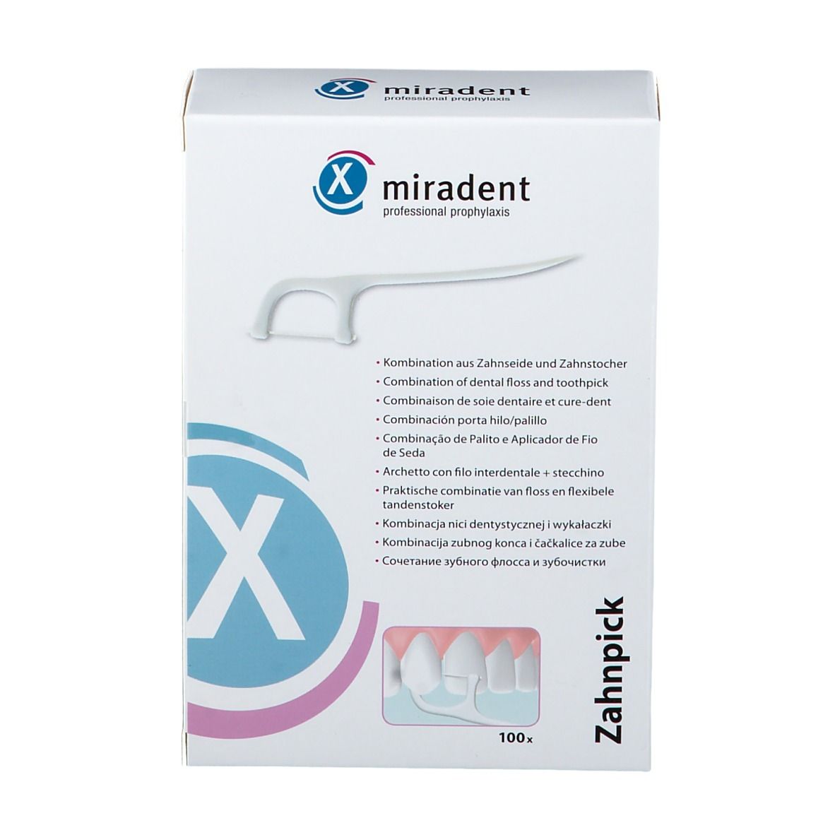 Weiße Schachtel mit miradent Zahnpick. Kombination aus Zahnseide und Zahnstocher. 100 Stück.