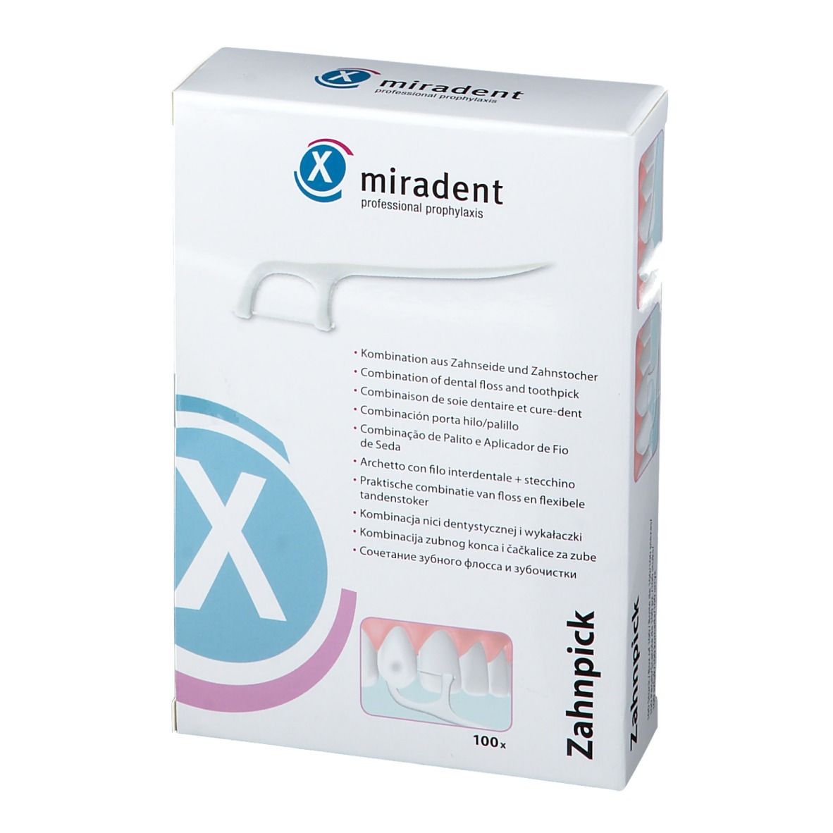 Weiße Schachtel mit miradent Zahnpick. Kombination aus Zahnseide und Zahnstocher. 100 Stück.