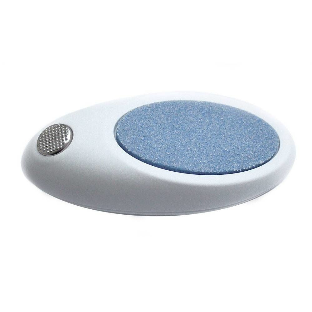 Ovale voetkallusrasp, wit met blauw schuurgedeelte en zilverkleurige knop.