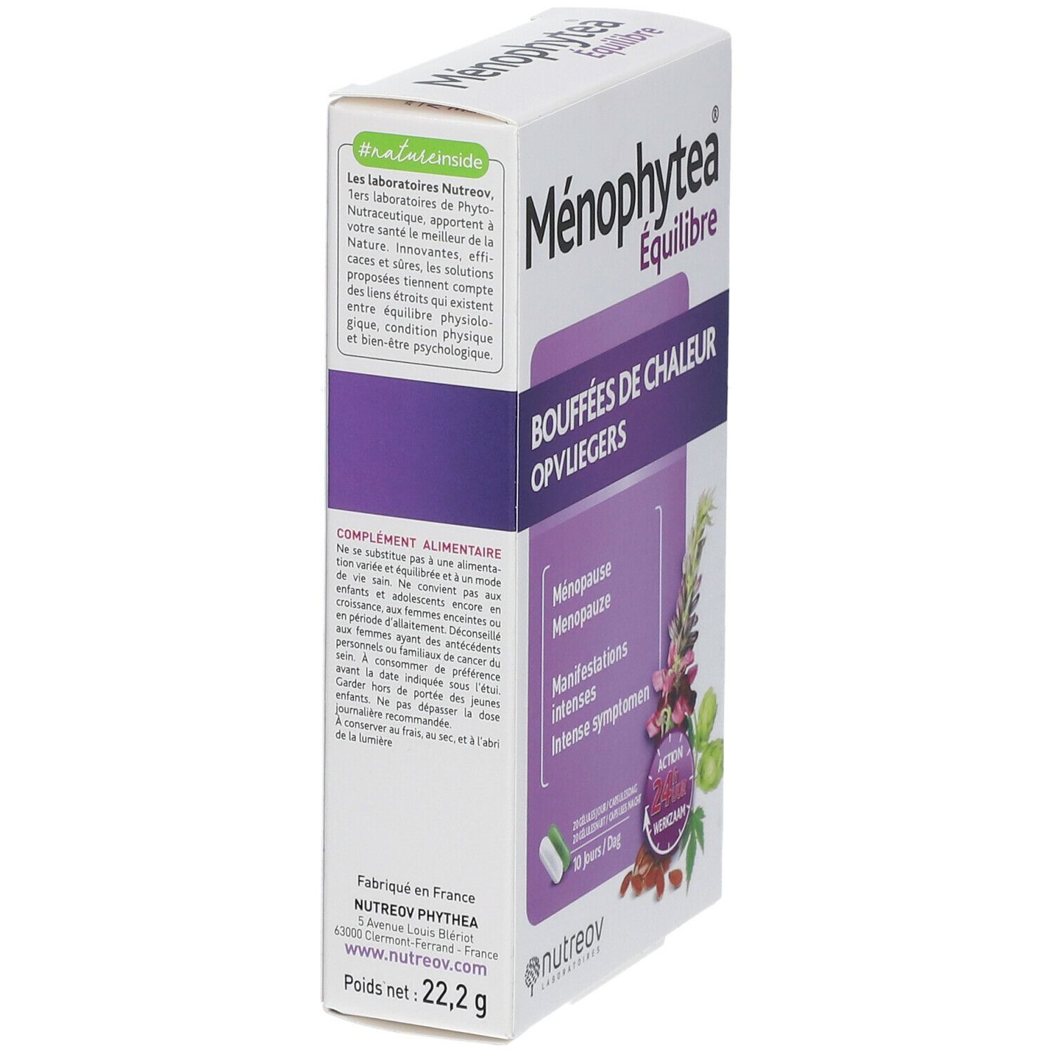 Zijaanzicht van de Menophytea® Équilibre verpakking. Tekst: Bouffées de chaleur, Opvliegers. Merk: Nutreov. Gewicht: 22,2 g.