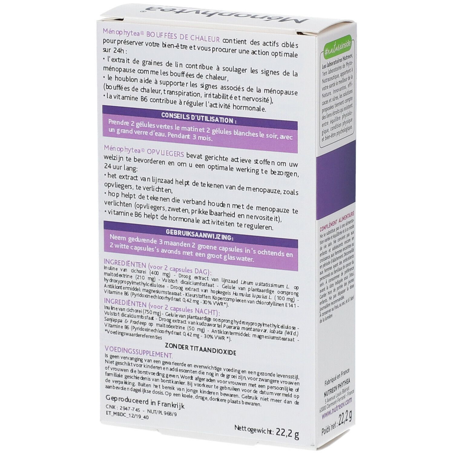 Achterkant van de Menophytea® Équilibre verpakking. Tekst over ingrediënten en gebruik. Merk: Nutreov. Gewicht: 22,2 g.