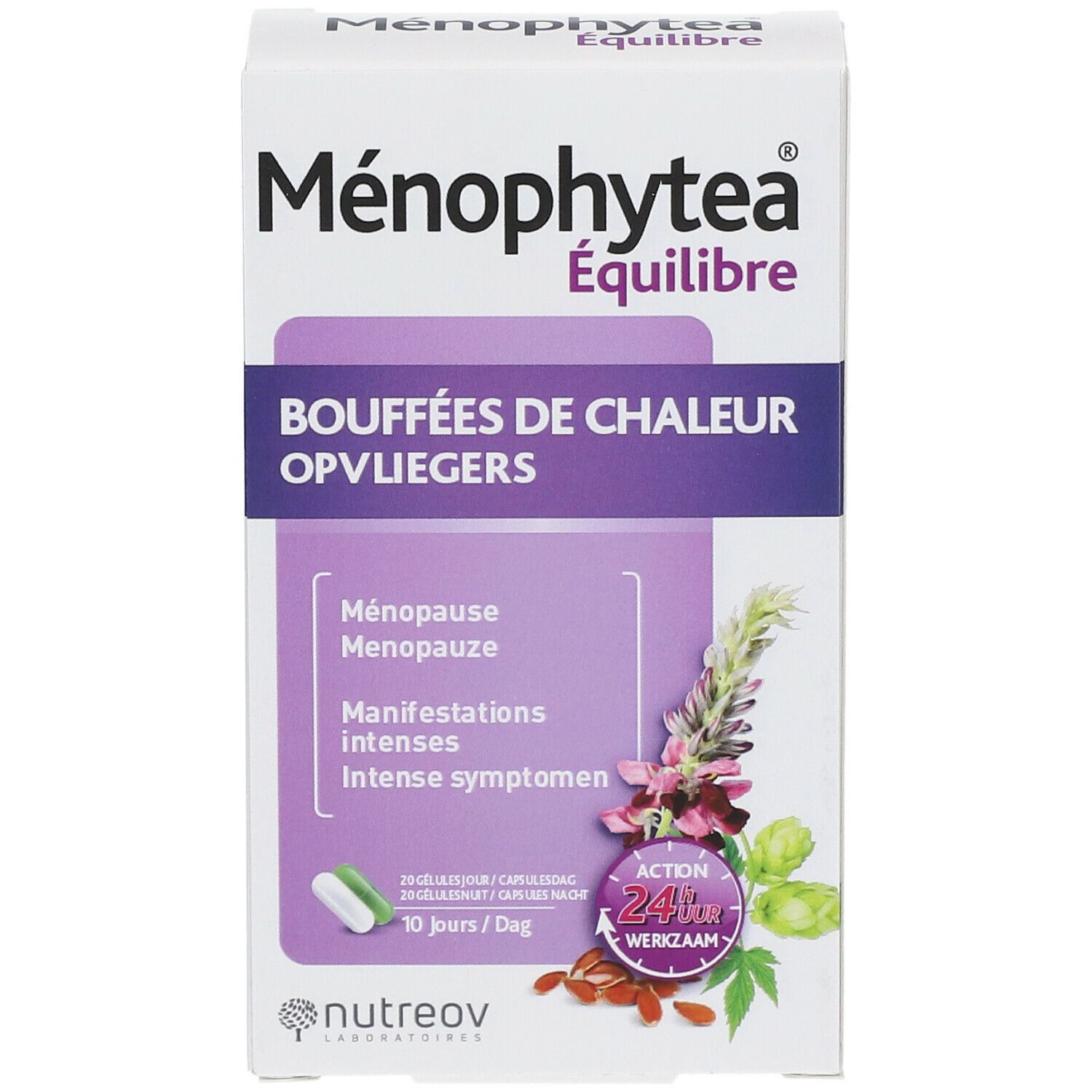 Menophytea® Équilibre verpakking. Opschrift: Bouffées de chaleur, Opvliegers. Bevat capsules. Merk: Nutreov. 24H werking.