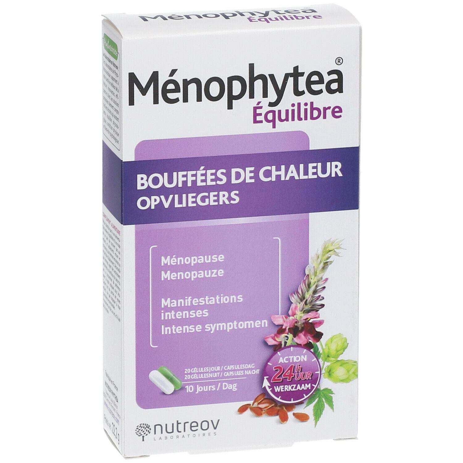 Menophytea® Équilibre verpakking. Opschrift: Bouffées de chaleur, Opvliegers. Bevat capsules. Merk: Nutreov. 24H werking.