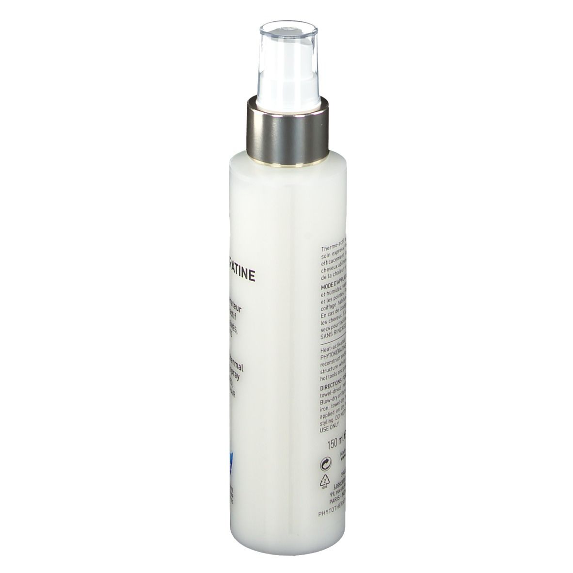 Spray blanc avec bouchon argenté. Texte sur le côté, dont ingrédients et mode d'emploi.