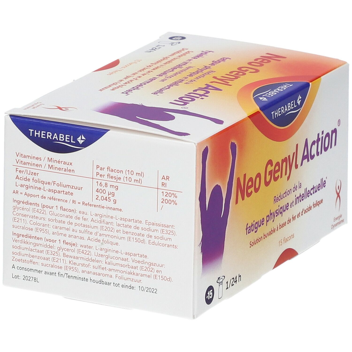 Boîte "Neo Genyl Action" avec informations nutritionnelles. 15 flacons. Marque Therabel. Contient vitamines, fer, acide folique.