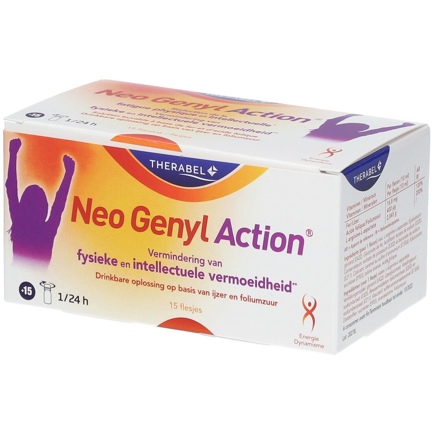 Boîte "Neo Genyl Action". Réduction de la fatigue. 15 flacons. Marque Therabel. Solution buvable.