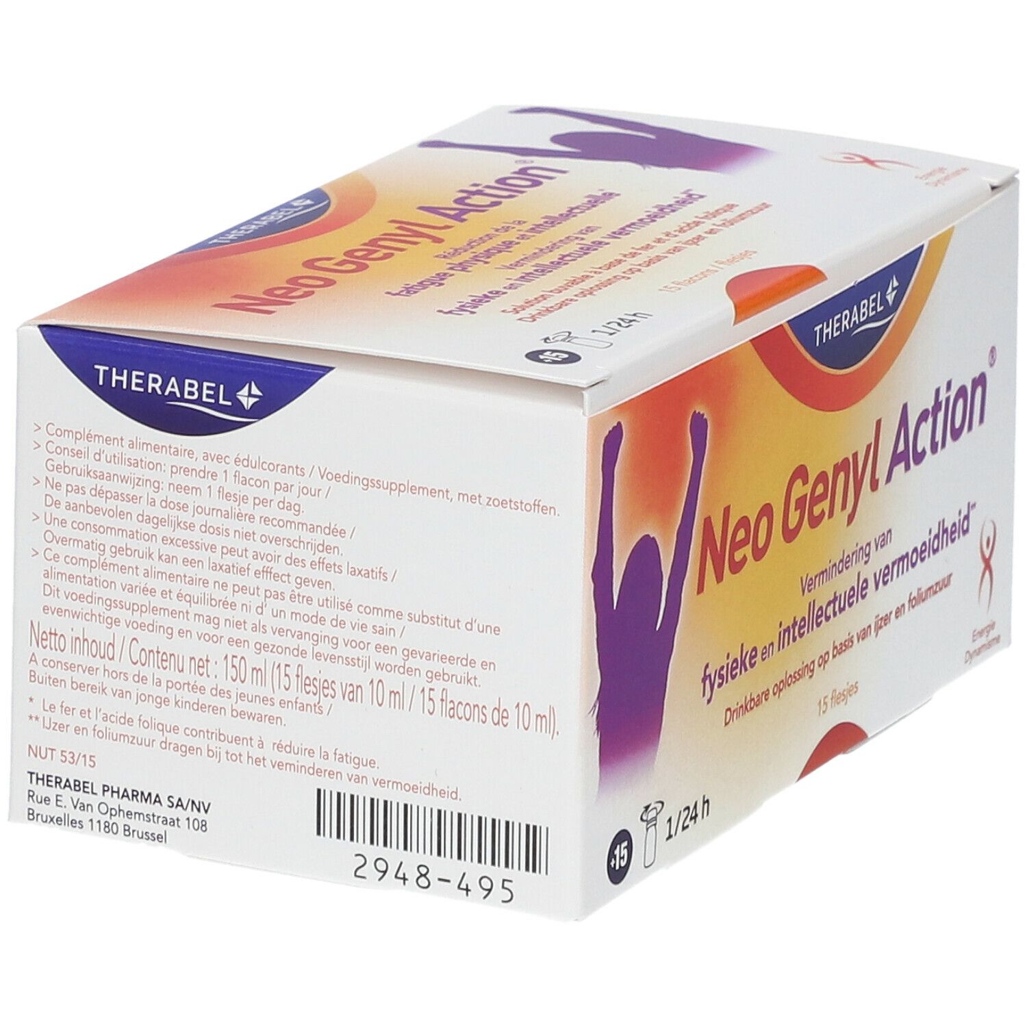 Boîte "Neo Genyl Action" avec instructions. 15 flacons. Marque Therabel. Contient 150 ml.