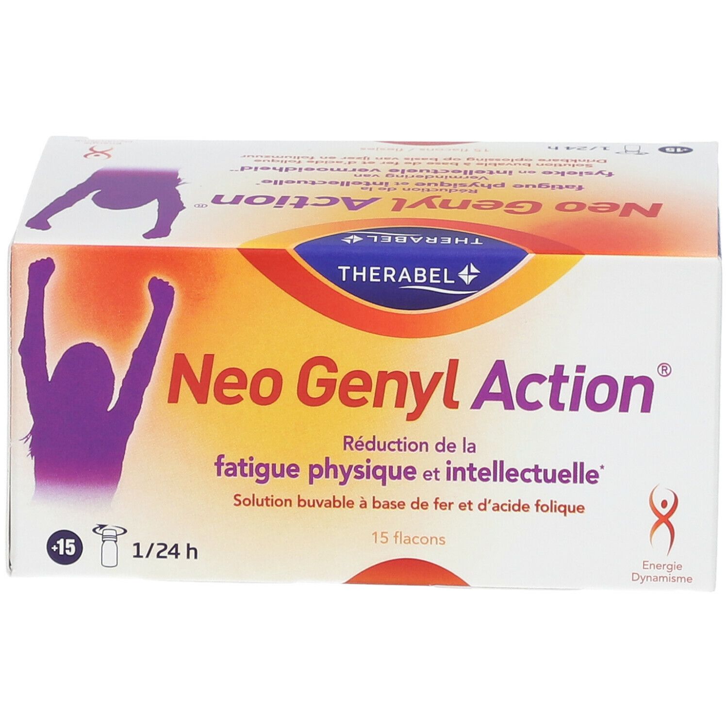 Boîte "Neo Genyl Action". Réduction de la fatigue. 15 flacons. Marque Therabel. Solution buvable.