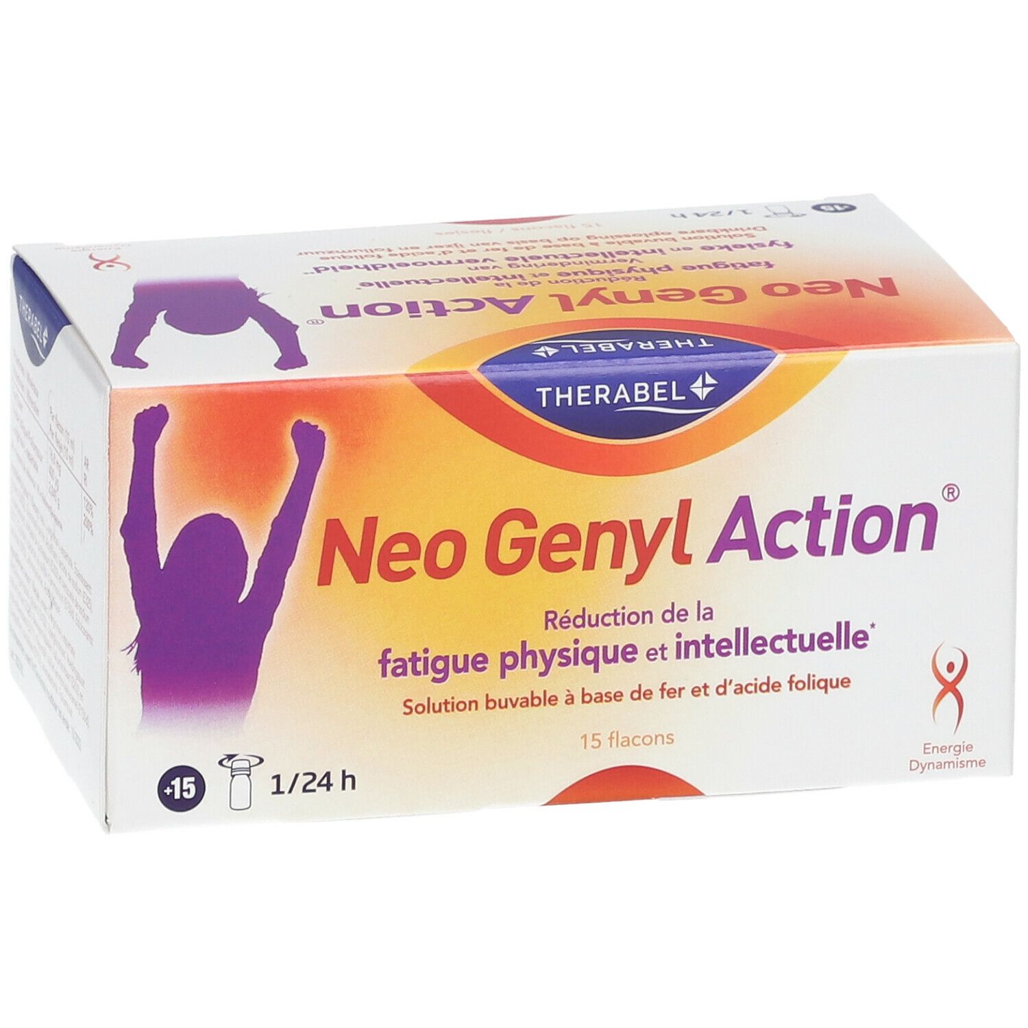 Boîte "Neo Genyl Action". Réduction de la fatigue. 15 flacons. Marque Therabel. Solution buvable.