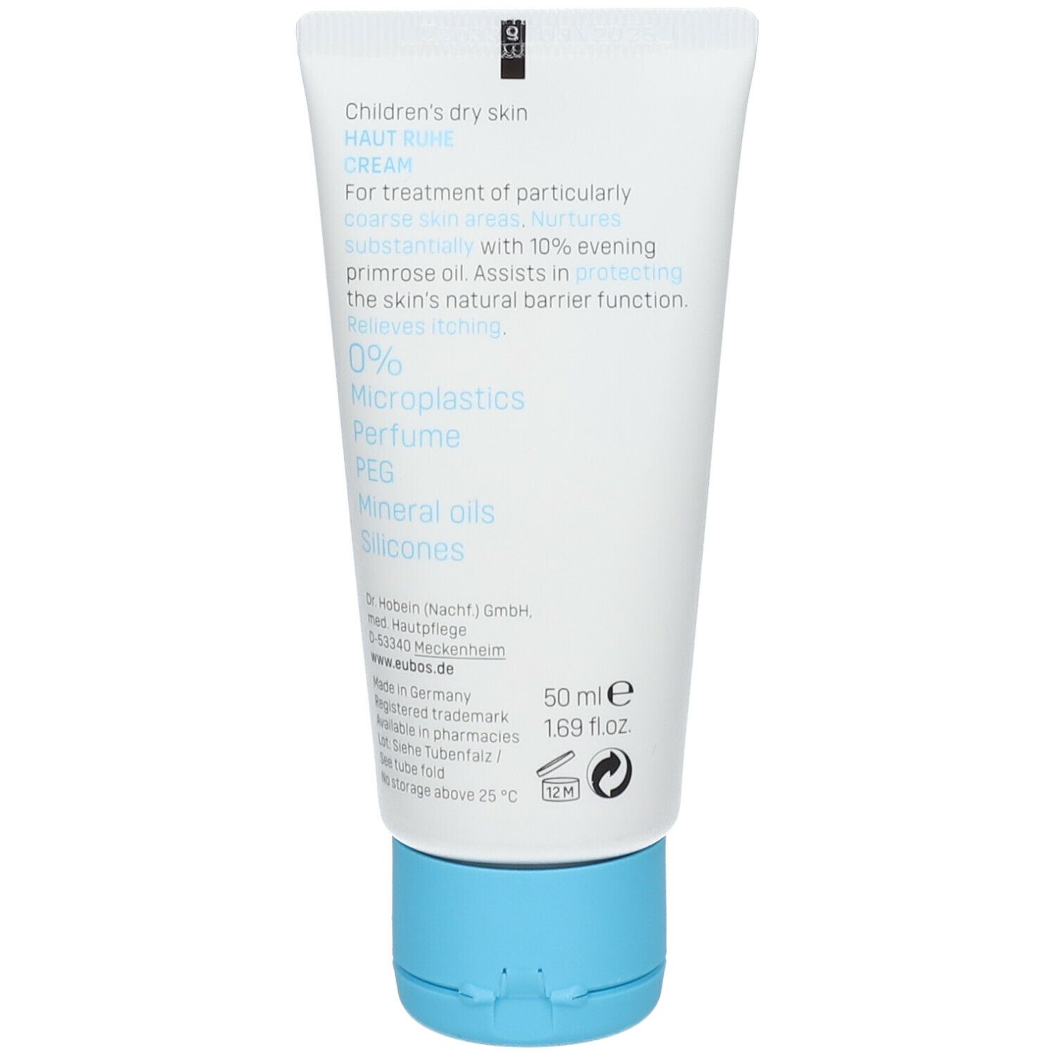 Achterkant van de tube. Tekst: Children's dry skin, HAUT RUHE CREAM. Bevat 0% microplastics, parfum, PEG, minerale oliën, siliconen.