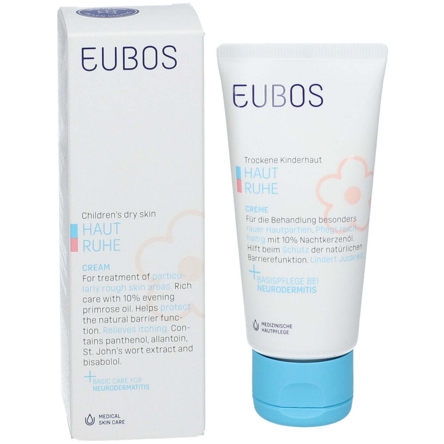 Productverpakking: tube en doos. Opschrift: EUBOS, HAUT RUHE CREME. Tekst voor droge kinderhuid. Bloemenontwerp. Met medische huidverzorging.