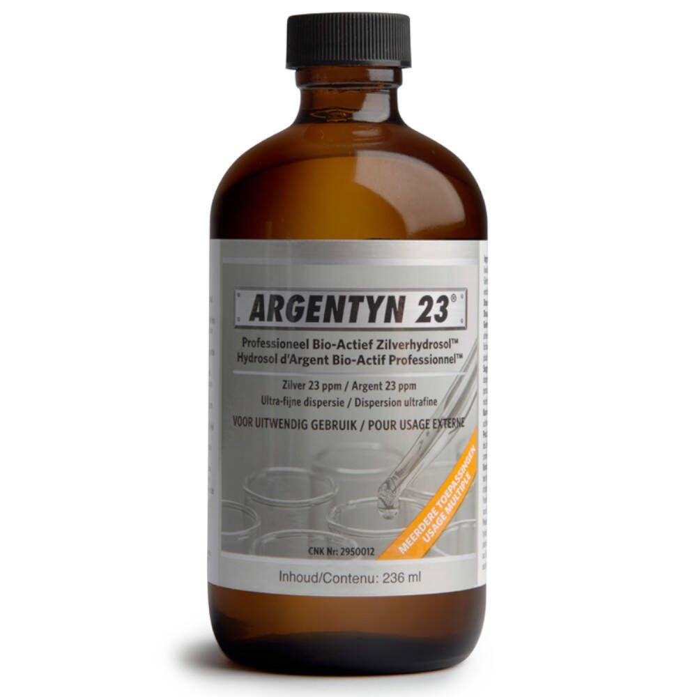 Bruine glazen fles met zwarte dop. Opschrift Argentyn 23. Etiket met productinformatie.