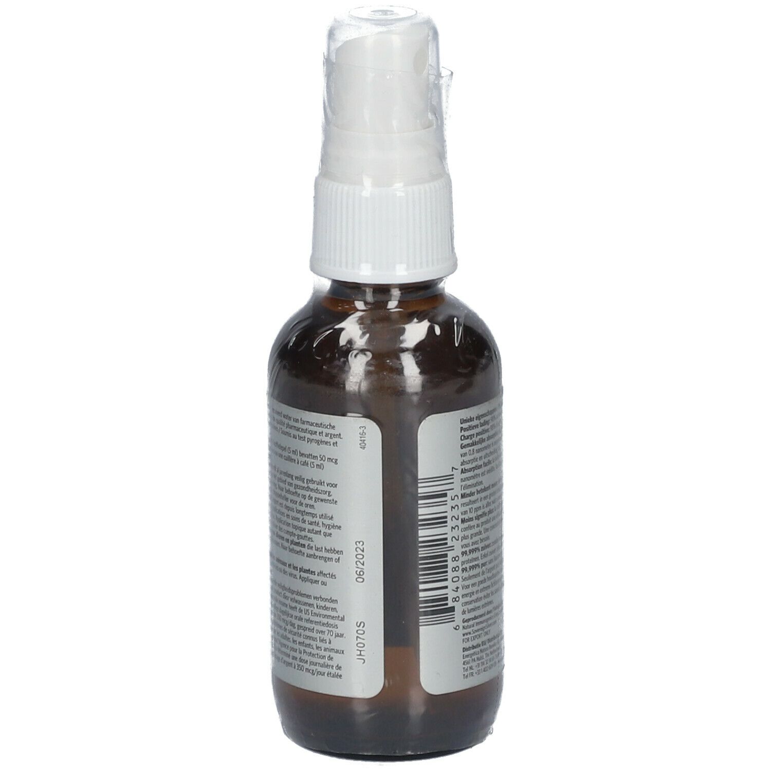 Flacon en verre brun avec vaporisateur. Dos avec informations produit et code-barres.