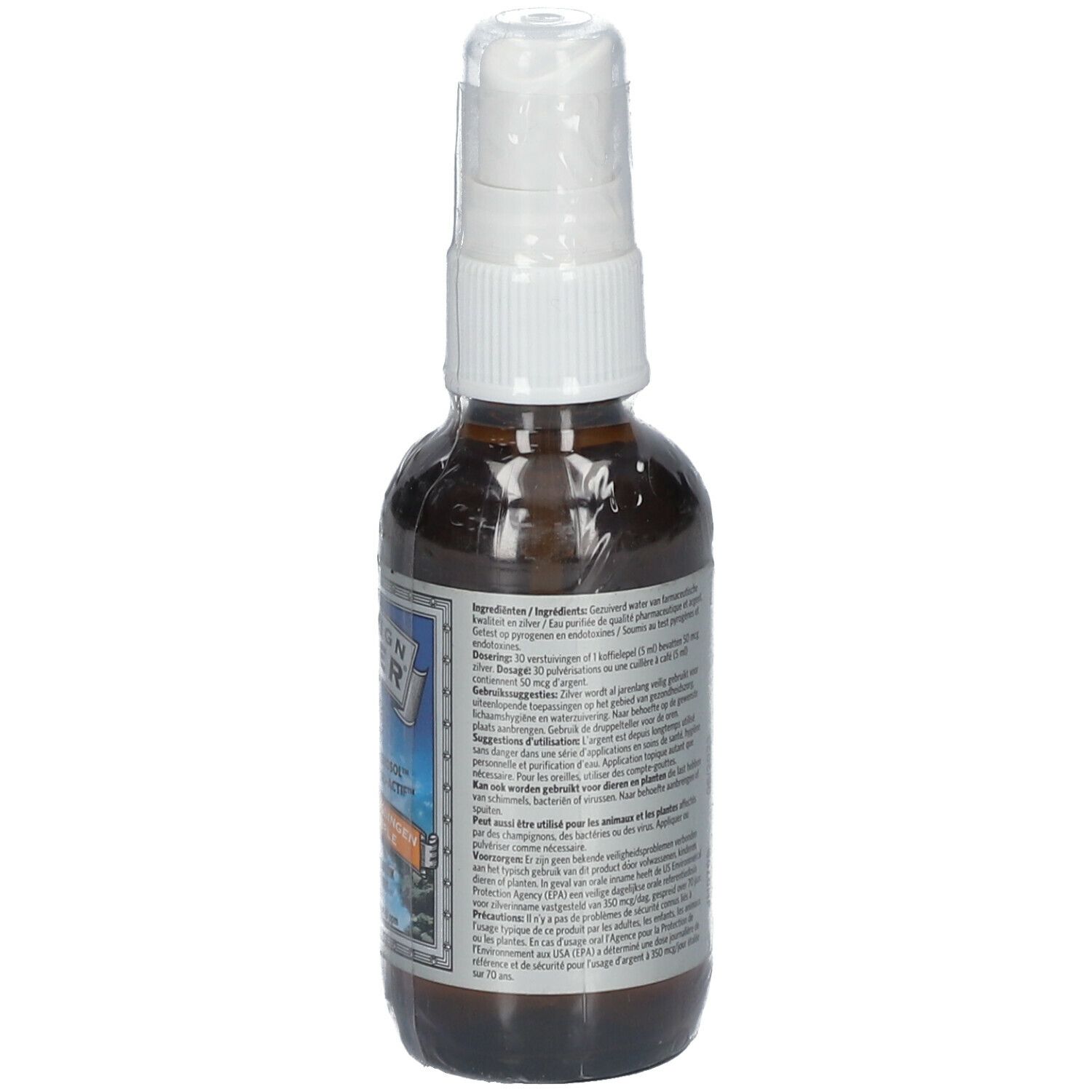 Flacon en verre brun avec vaporisateur. Dos avec informations sur le produit.