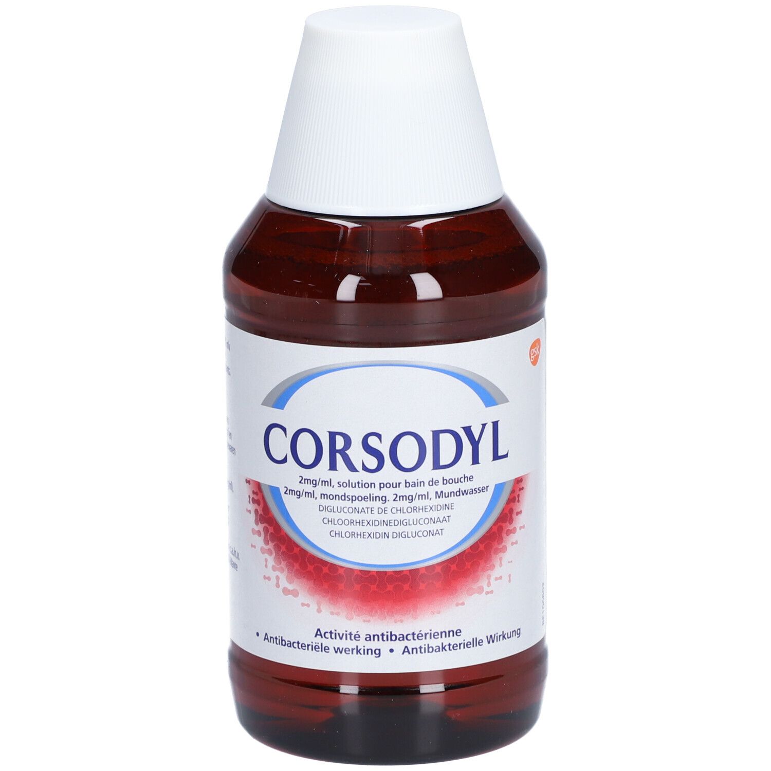 Bruine fles met witte dop. Opschrift: Corsodyl. Bevat 2mg/ml Chloorhexidine Digluconaat. Antibacteriële werking.