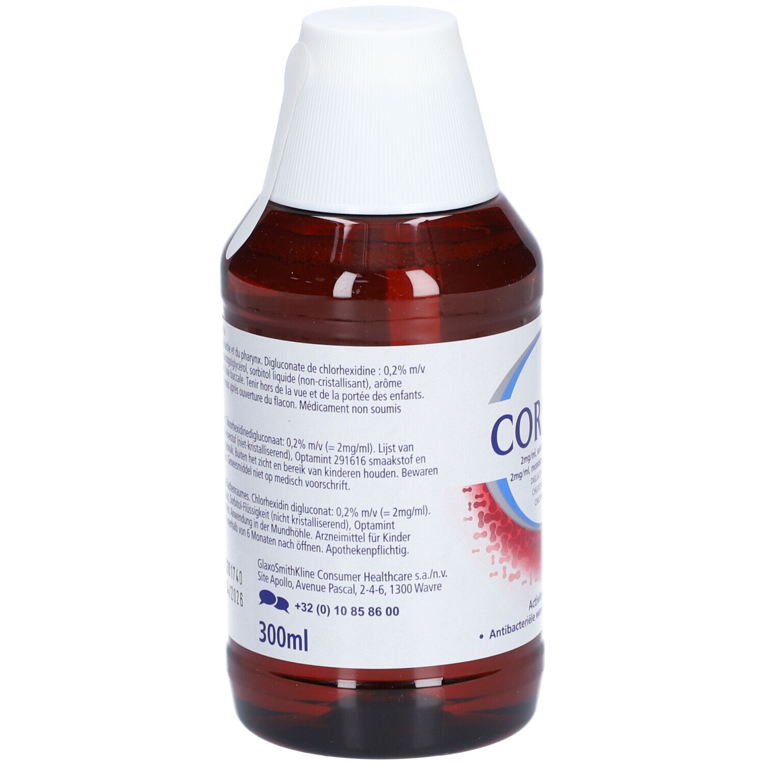 Achterkant van een bruine fles met witte dop. Tekst met ingrediënten en gebruiksaanwijzing. Volume: 300ml.
