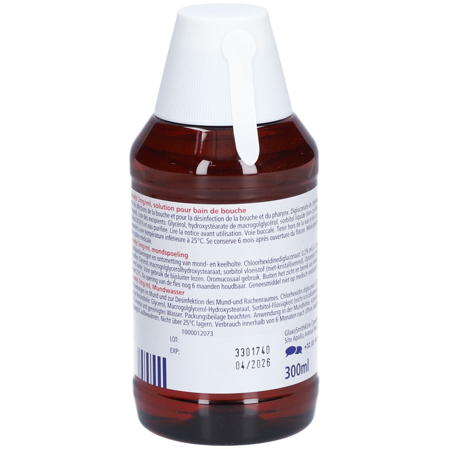 Achterkant van een bruine fles met witte dop. Tekst met ingrediënten en gebruiksaanwijzing. Volume: 300ml.
