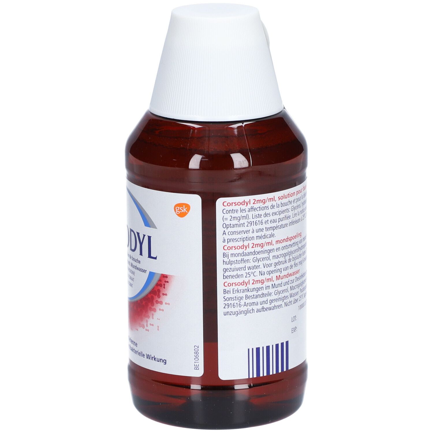 Achterkant van een bruine fles met witte dop. Tekst met ingrediënten en gebruiksaanwijzing. Volume: 300ml.