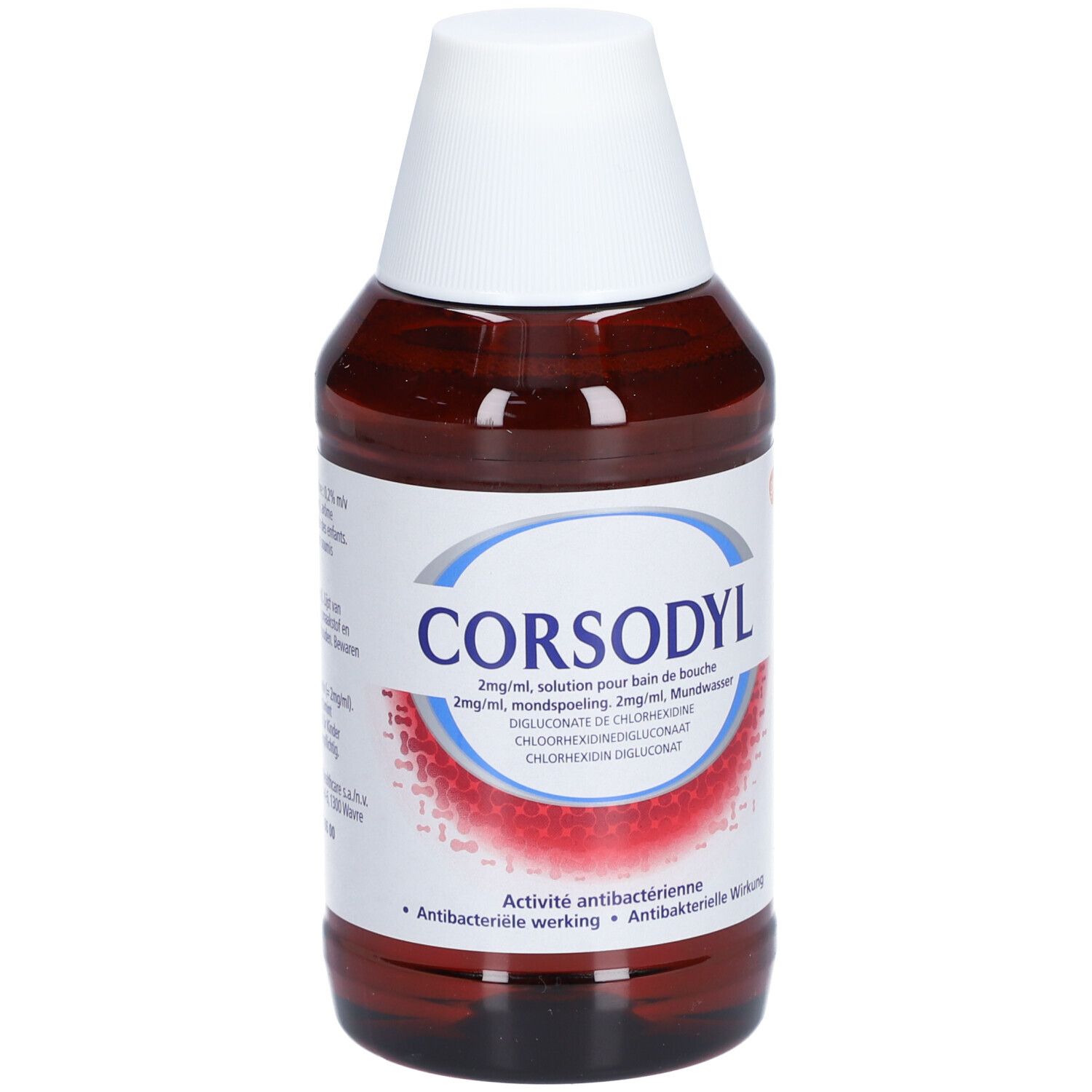 Bruine fles met witte dop. Opschrift: Corsodyl. Bevat 2mg/ml Chloorhexidine Digluconaat. Antibacteriële werking.