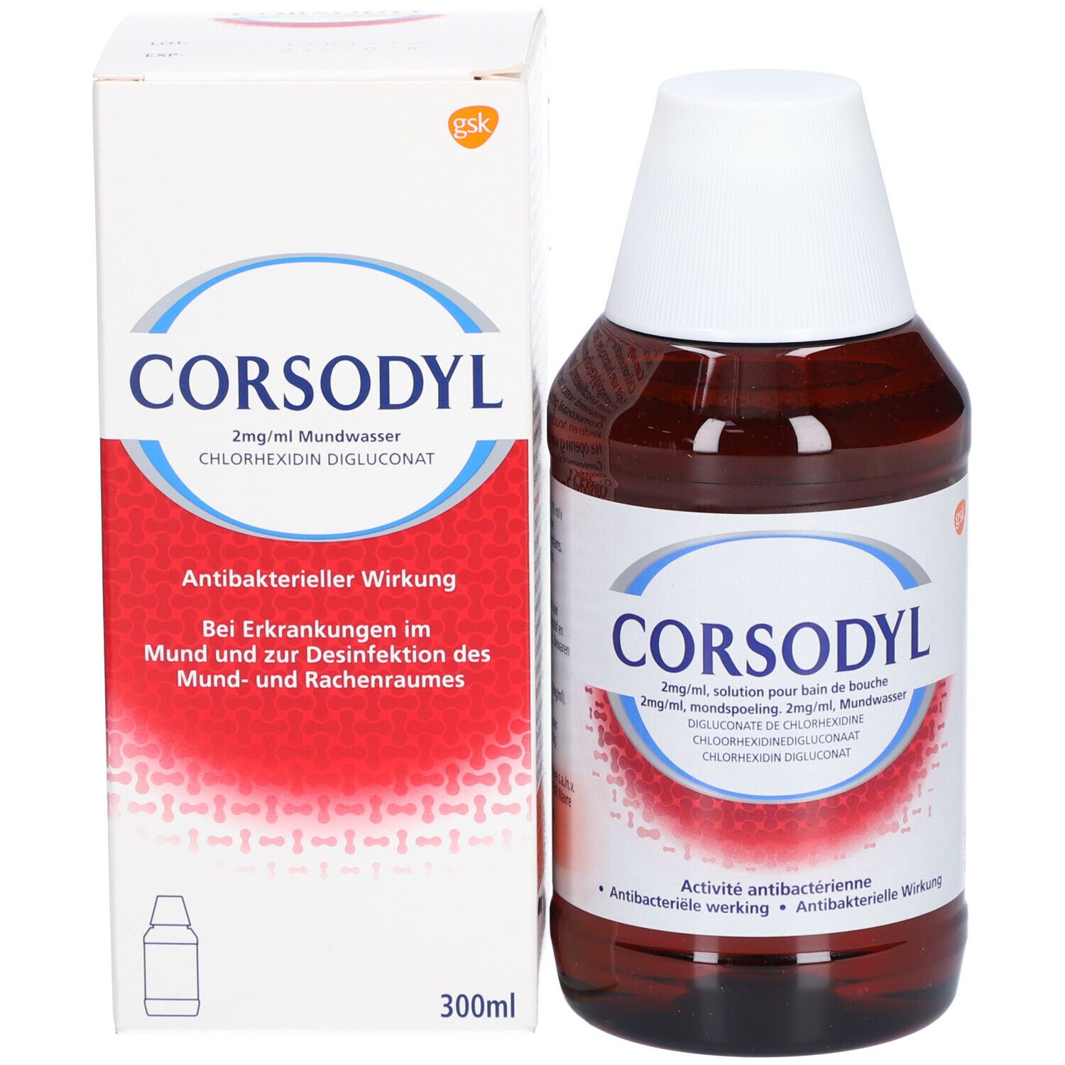 Corsodyl mondspoeling en verpakking. Fles en doos met opschrift: Corsodyl. Volume: 300ml. Antibacteriële werking.